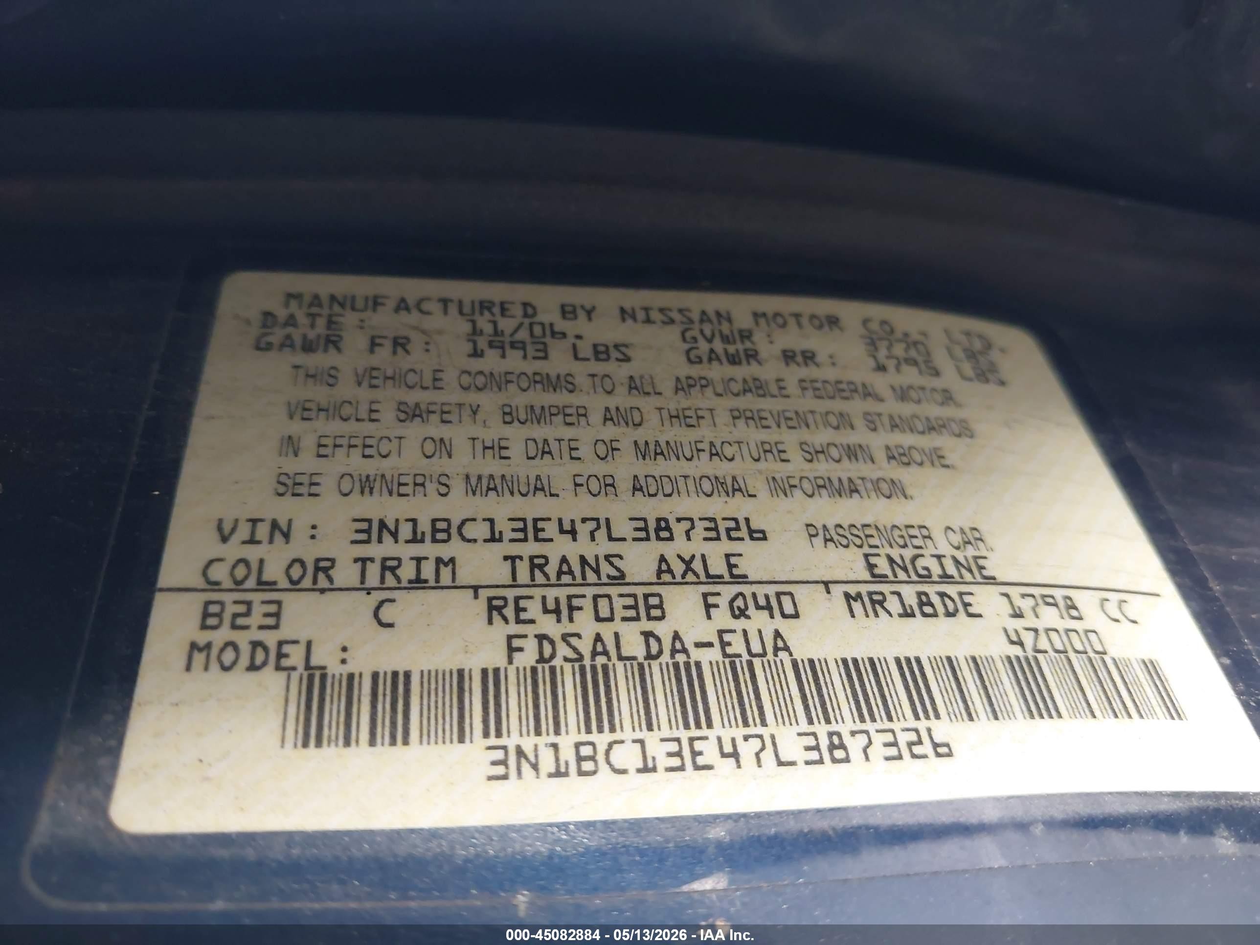 2007 Nissan Versa 1.8s Blue vin: 3N1BC13E47L387326