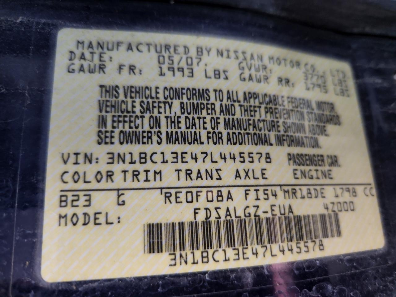2007 Nissan Versa 1.8 S Blue vin: 3N1BC13E47L445578