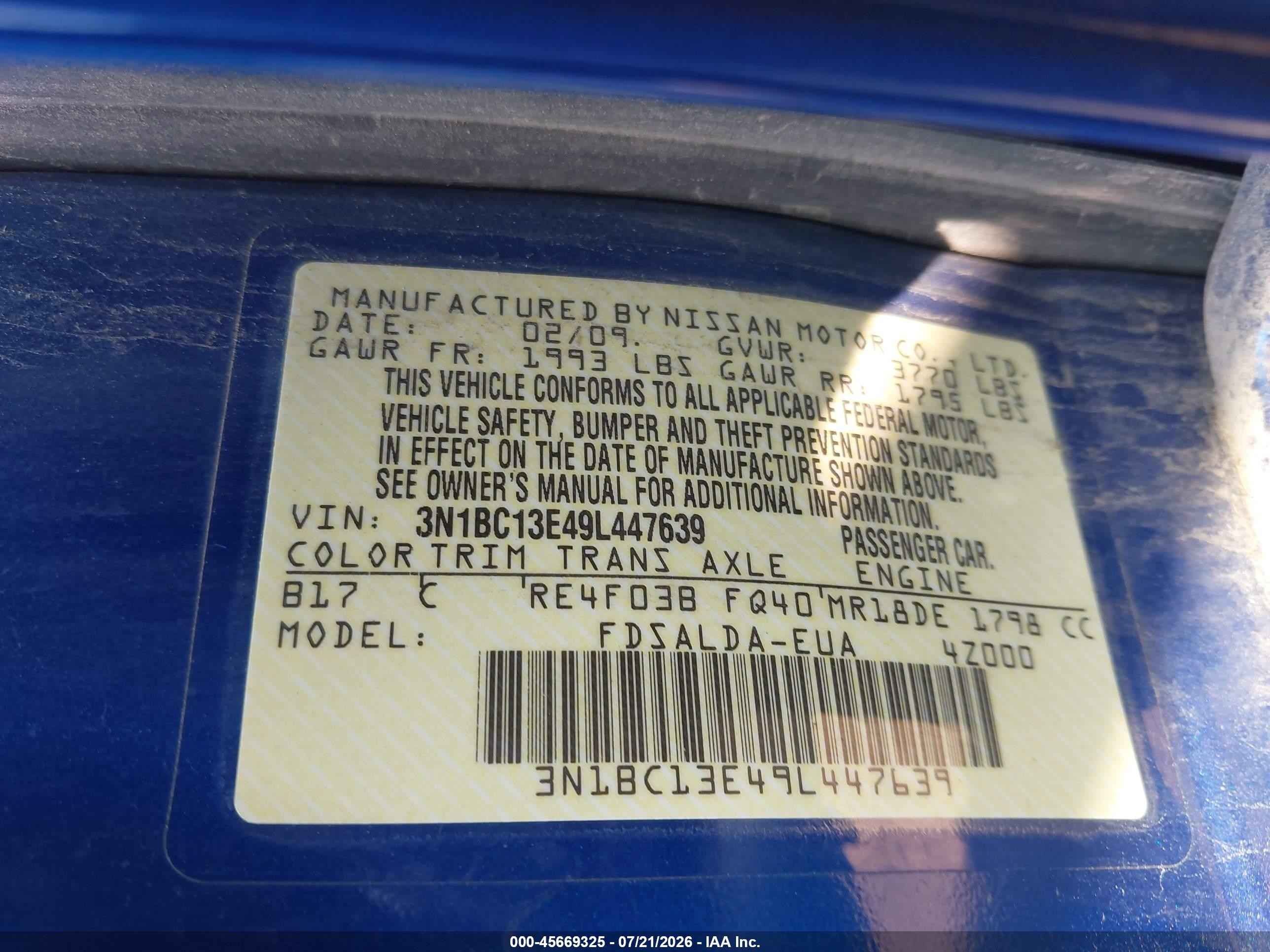 2009 Nissan Versa 1.8s Blue vin: 3N1BC13E49L447639