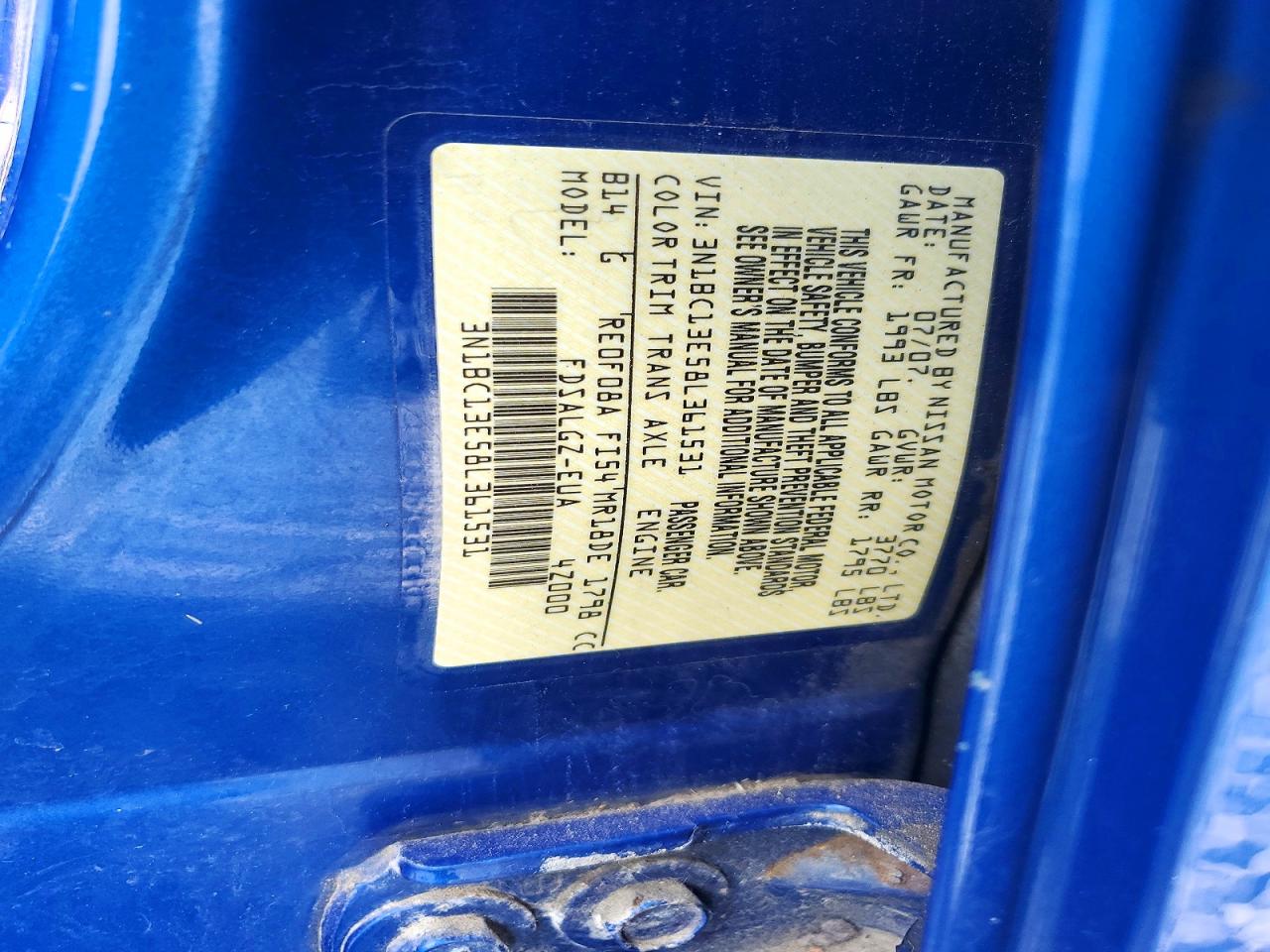 2008 Nissan Versa 1.8 S Blue vin: 3N1BC13E58L361531