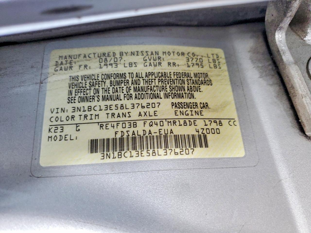 2008 Nissan Versa 1.8 S Silver vin: 3N1BC13E58L376207