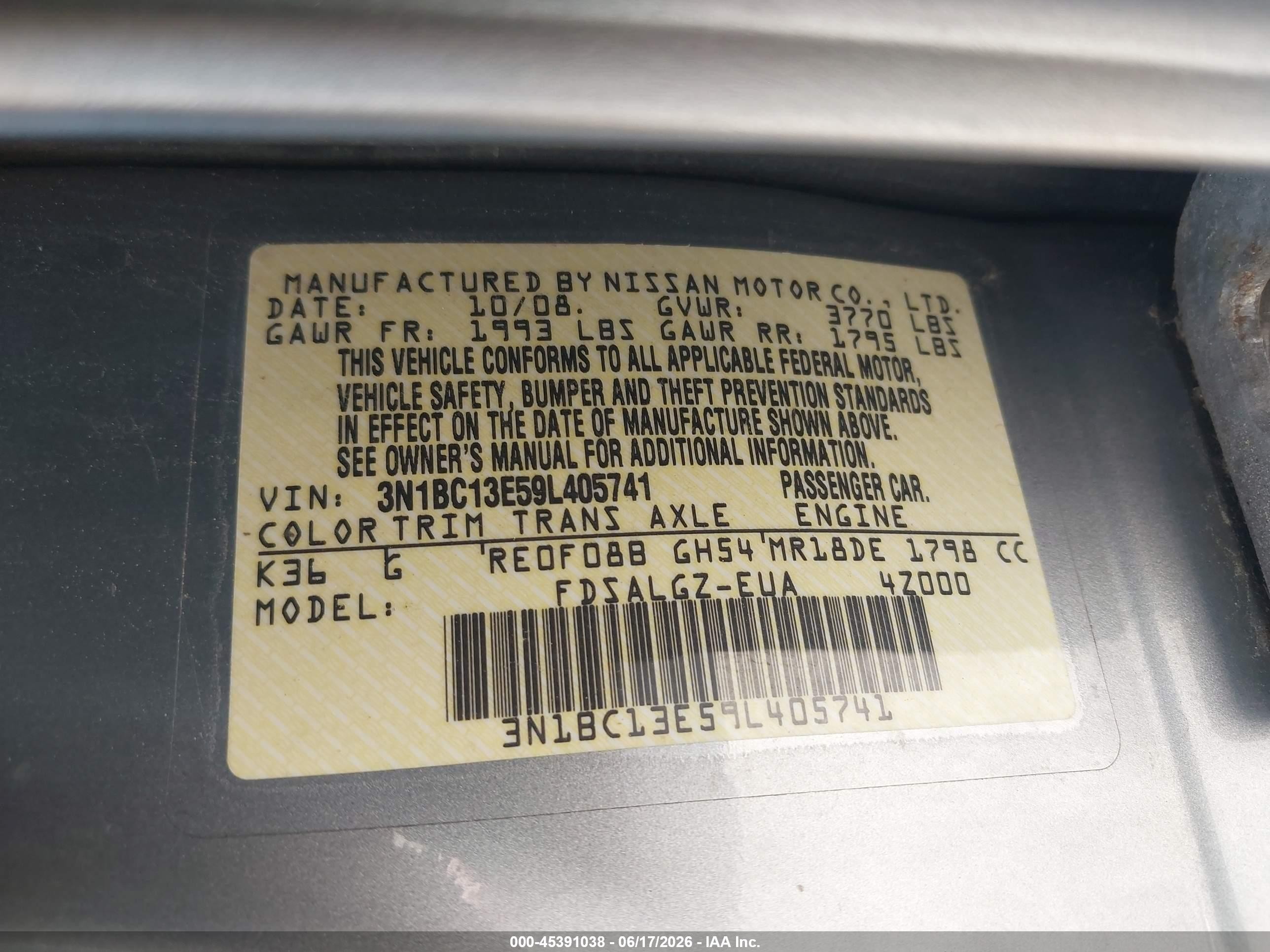 2009 Nissan Versa 1.8sl Серебряный vin: 3N1BC13E59L405741