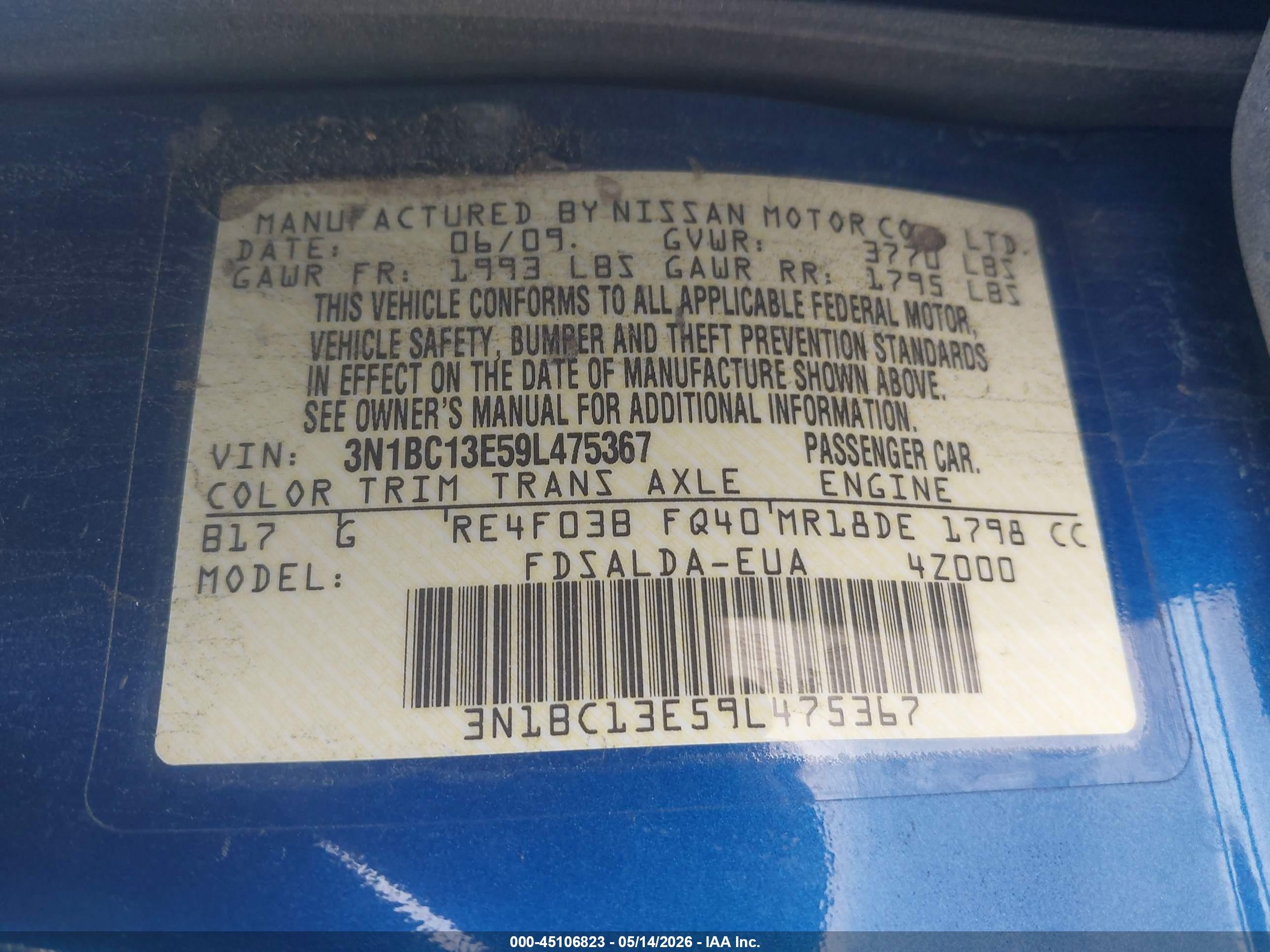2009 Nissan Versa 1.8s Blue vin: 3N1BC13E59L475367
