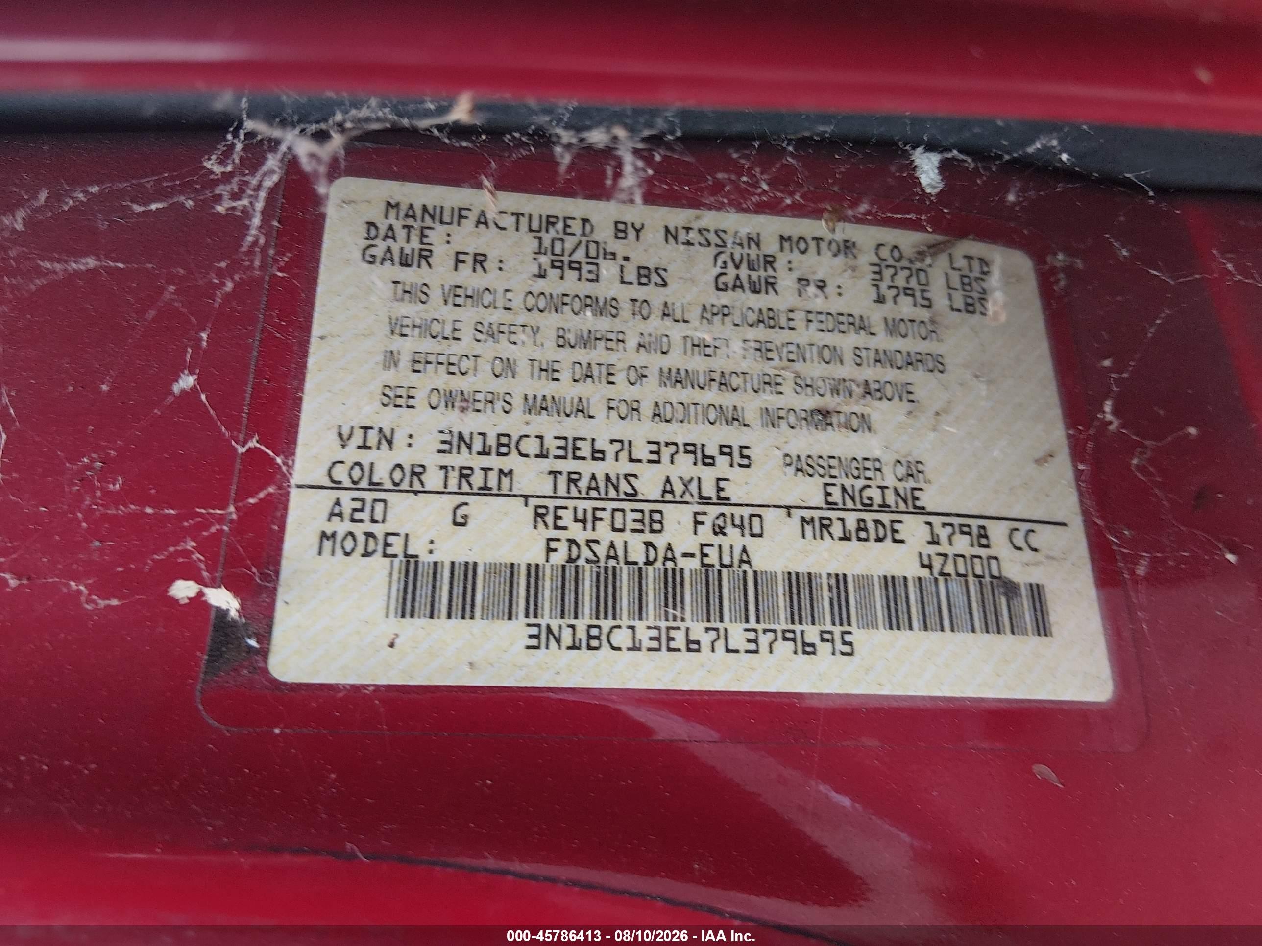 2007 Nissan Versa 1.8s Red vin: 3N1BC13E67L379695