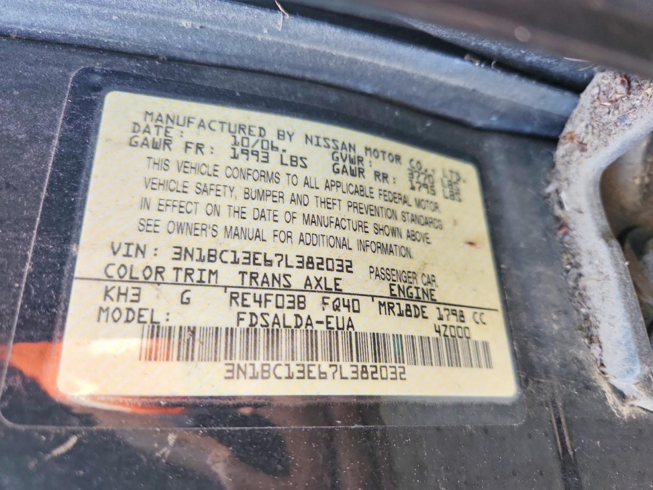 2007 Nissan Versa 1.8 S Black vin: 3N1BC13E67L382032
