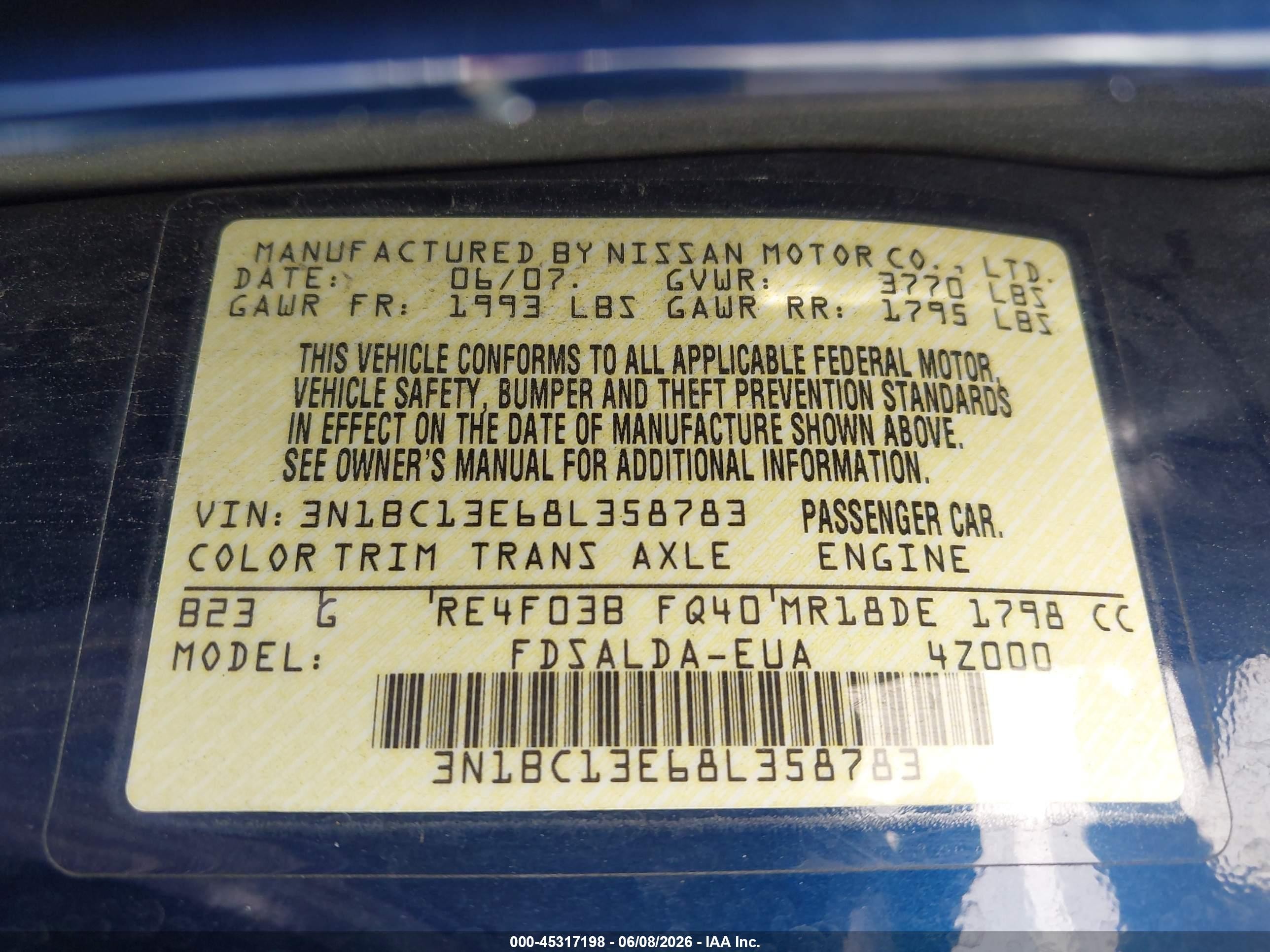 2008 Nissan Versa 1.8s Blue vin: 3N1BC13E68L358783