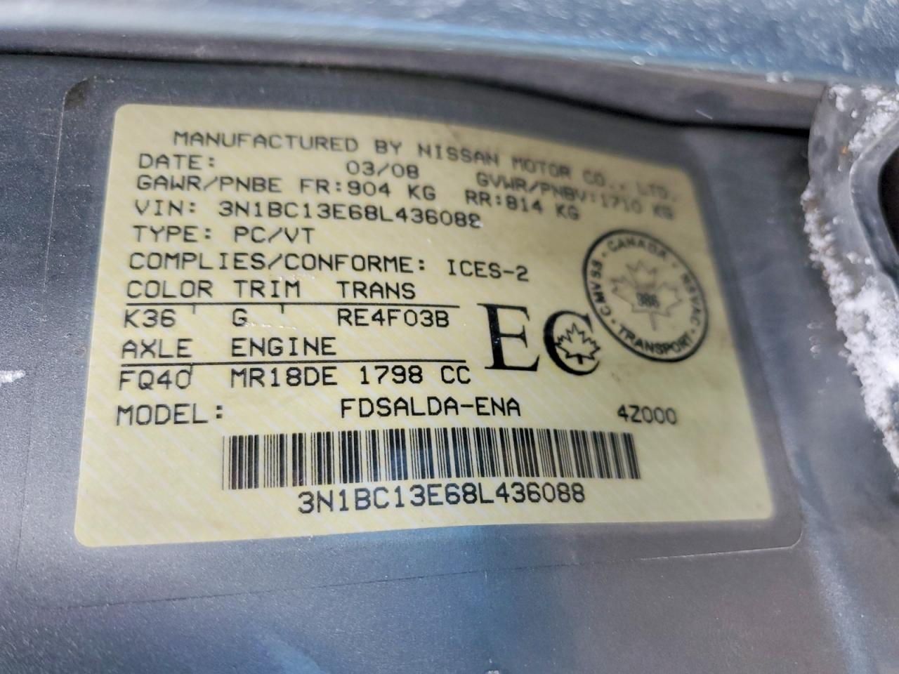 2008 Nissan Versa Gray vin: 3N1BC13E68L436088