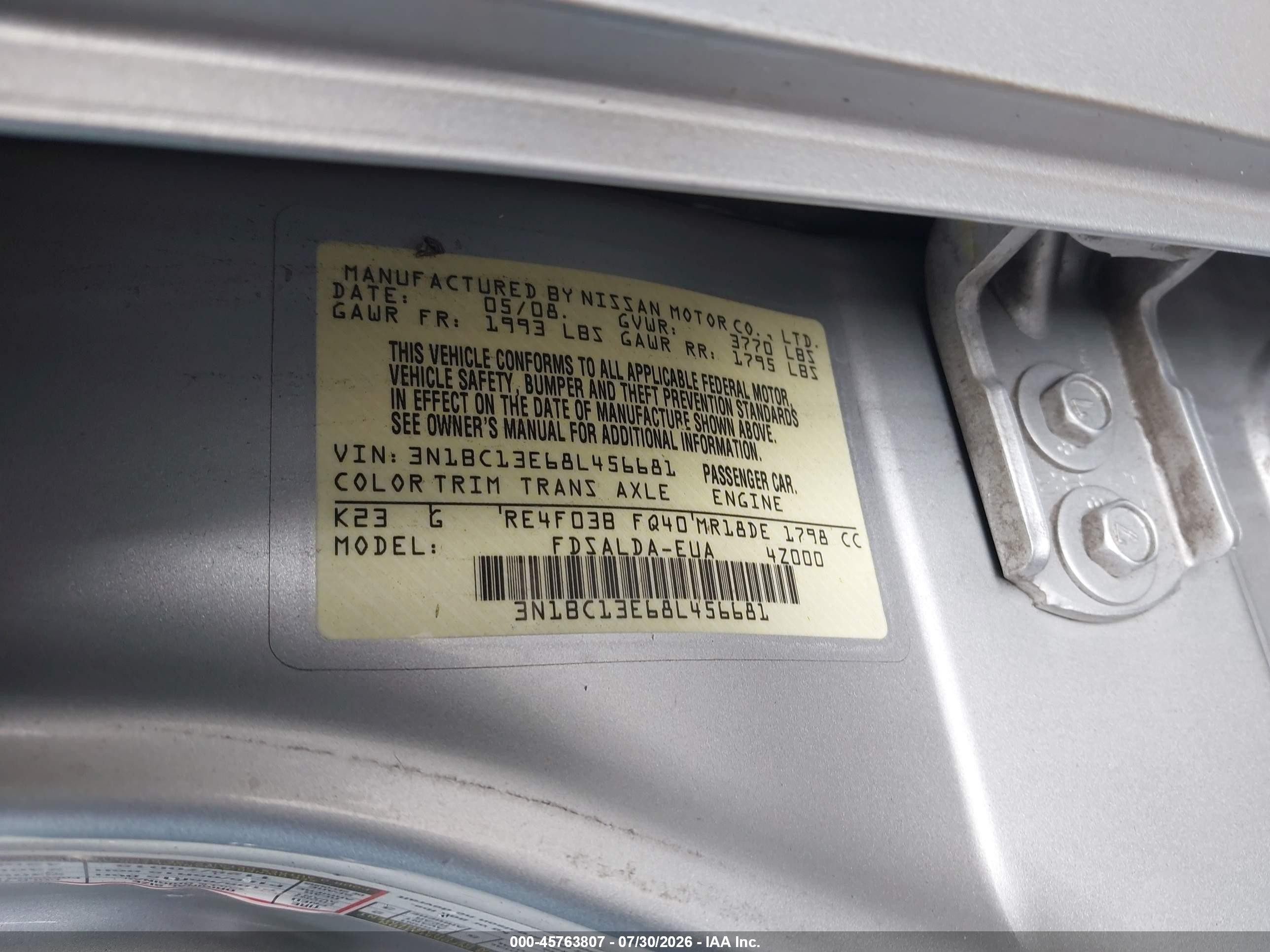 2008 Nissan Versa 1.8 S Silver vin: 3N1BC13E68L456681