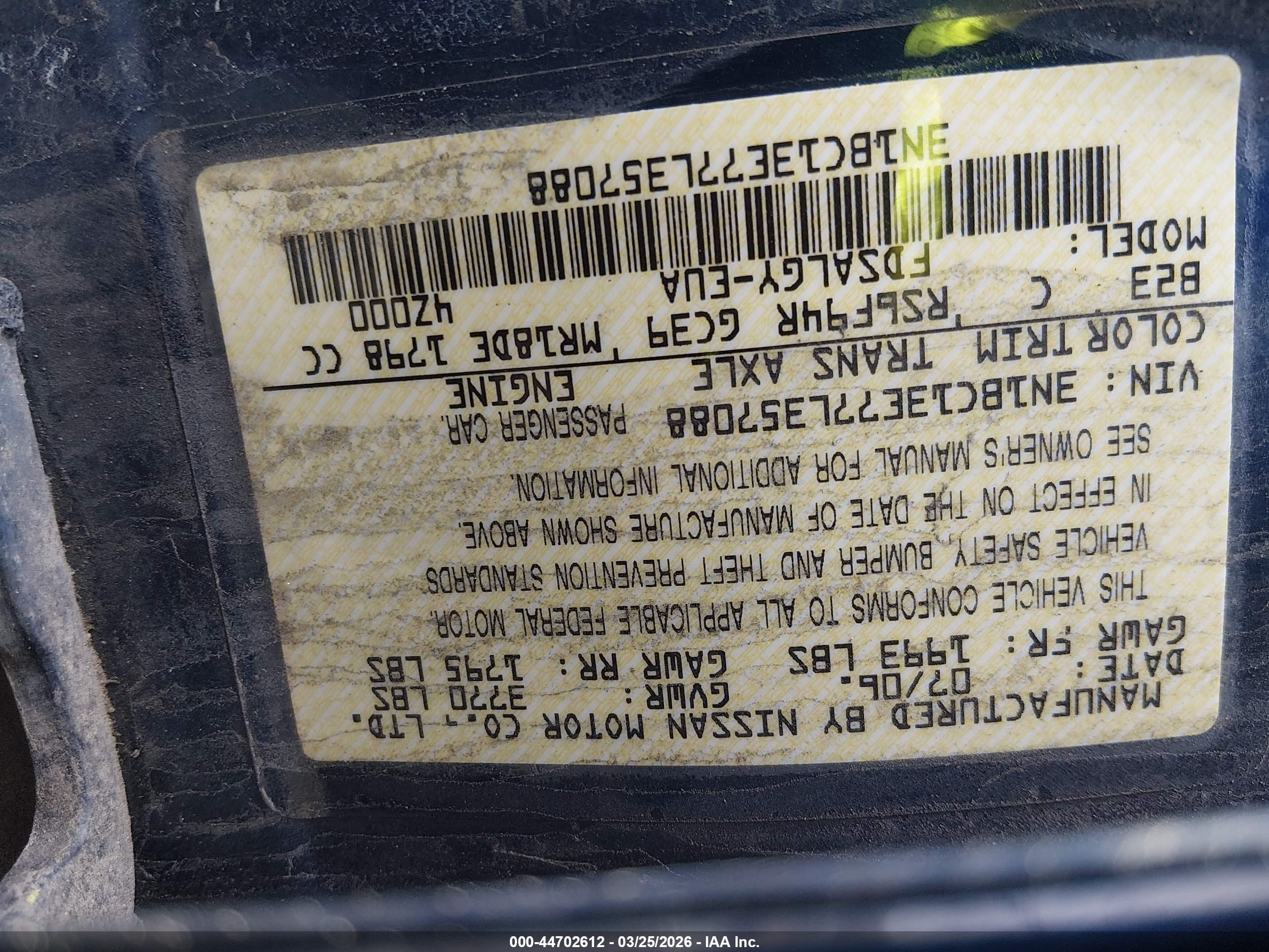 2007 Nissan Versa 1.8sl Blue vin: 3N1BC13E77L357088