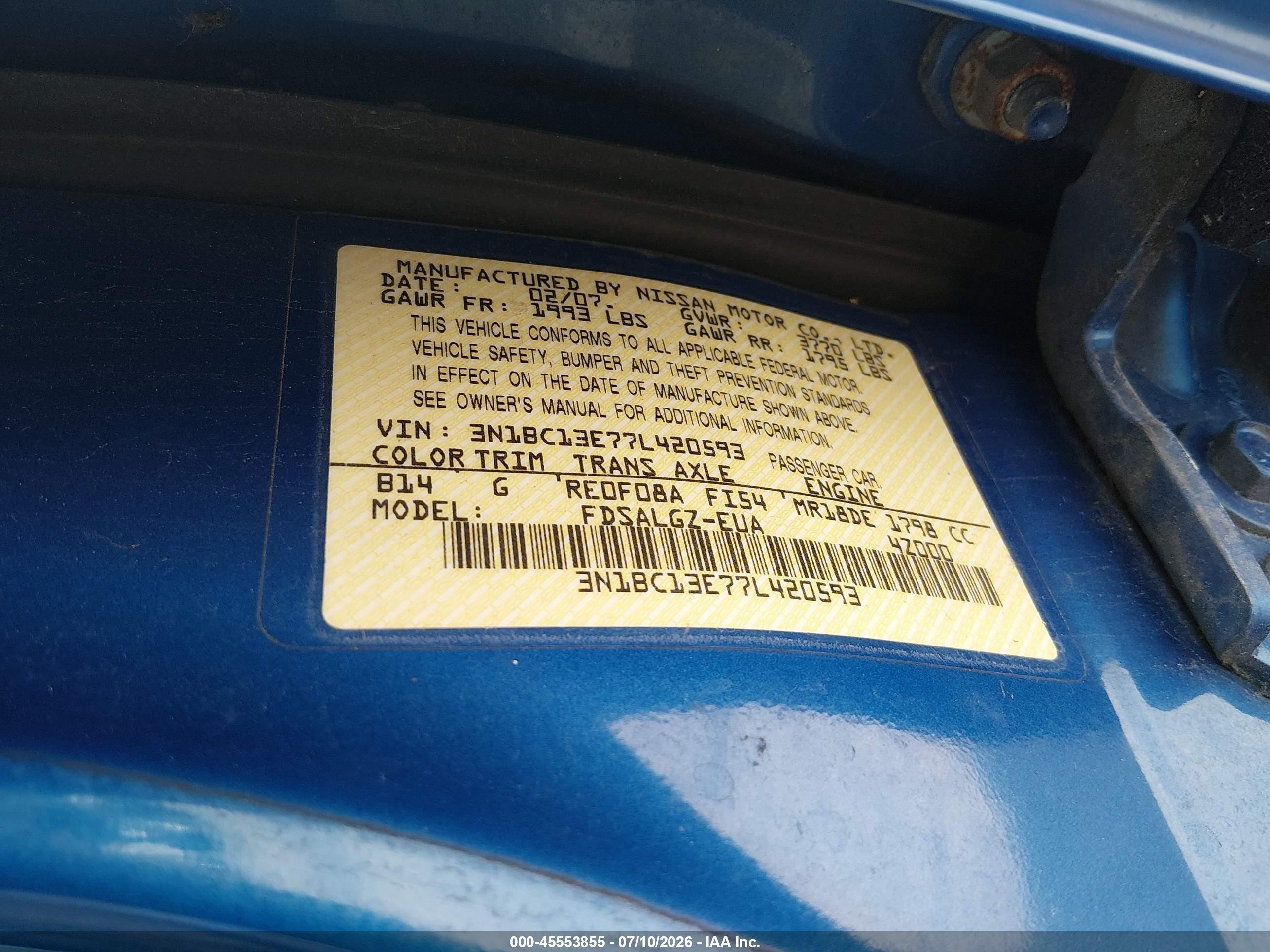 2007 Nissan Versa 1.8sl Blue vin: 3N1BC13E77L420593