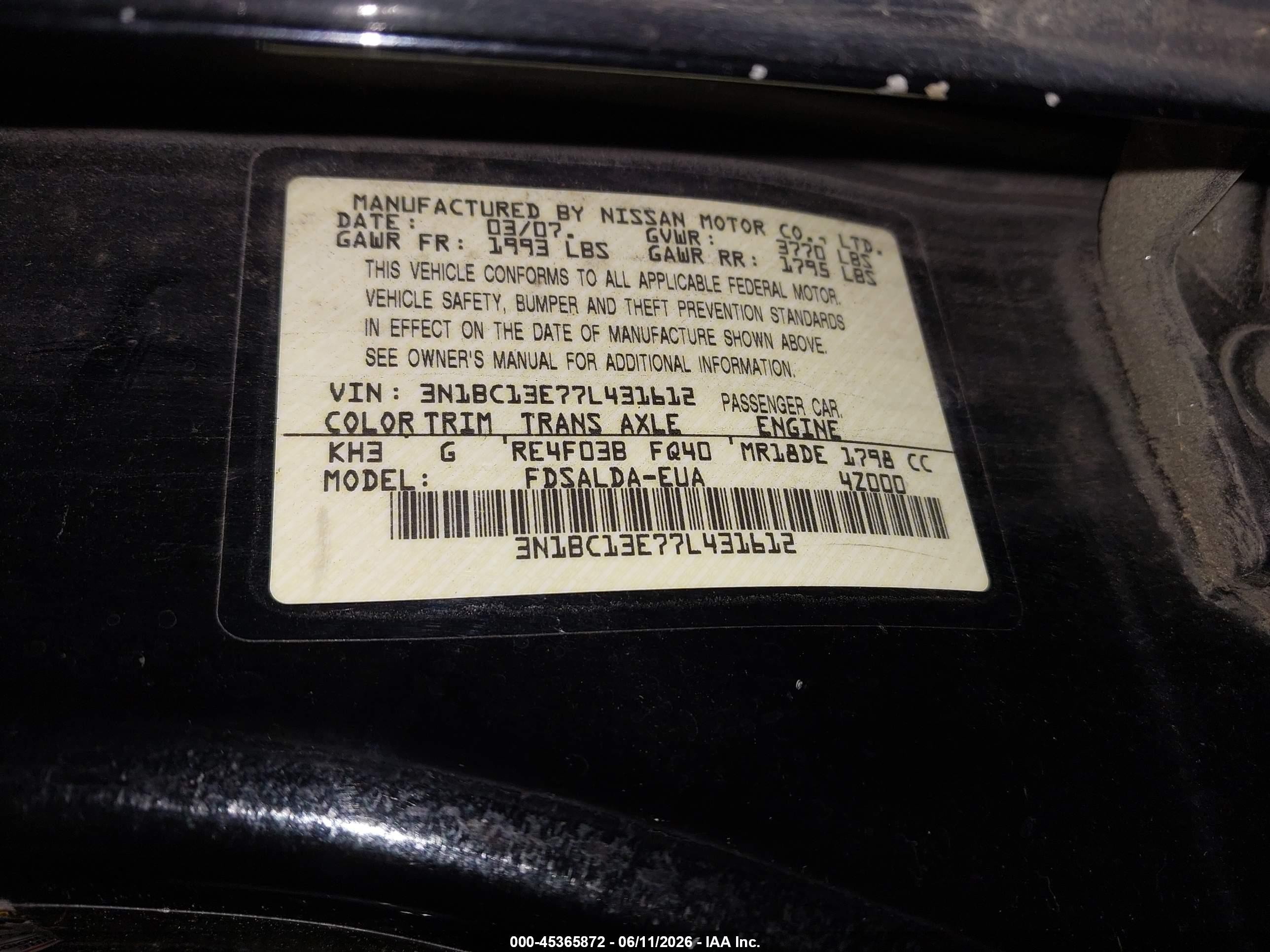 2007 Nissan Versa 1.8s Черный vin: 3N1BC13E77L431612