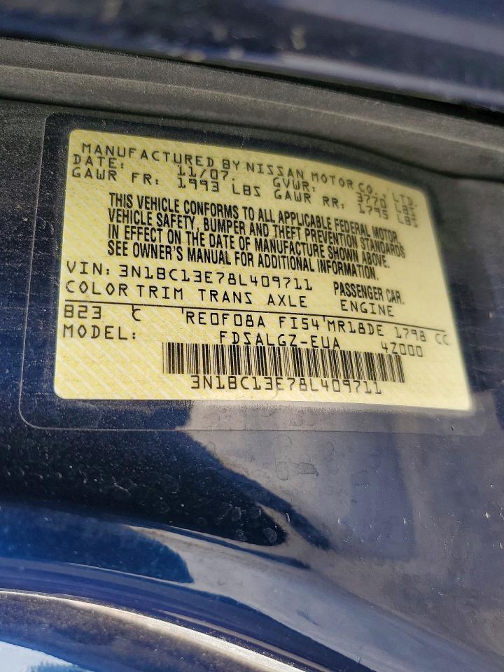 2008 Nissan Versa 1.8 S Blue vin: 3N1BC13E78L409711