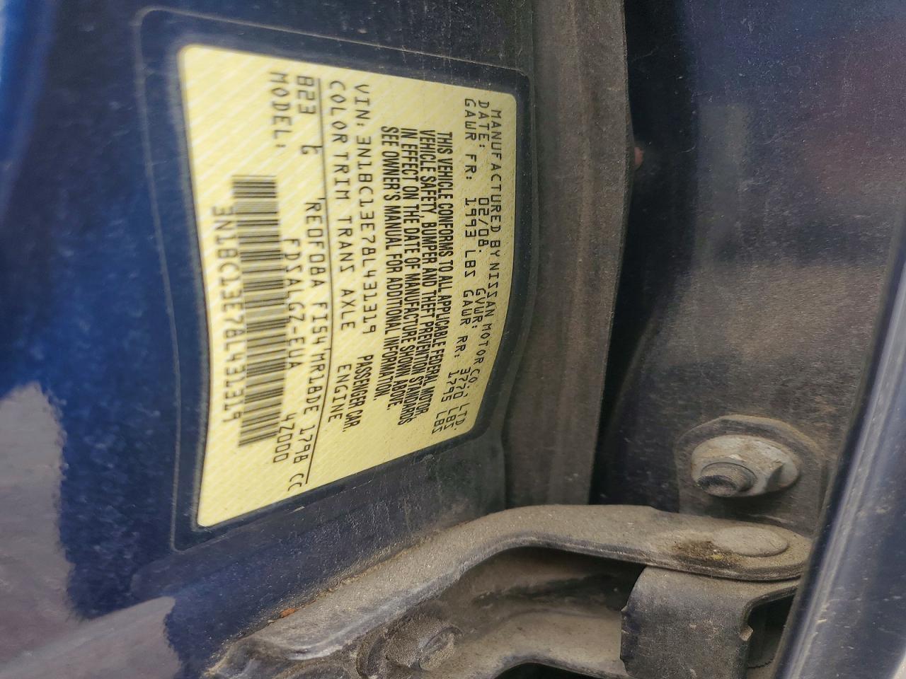 2008 Nissan Versa Blue vin: 3N1BC13E78L431319