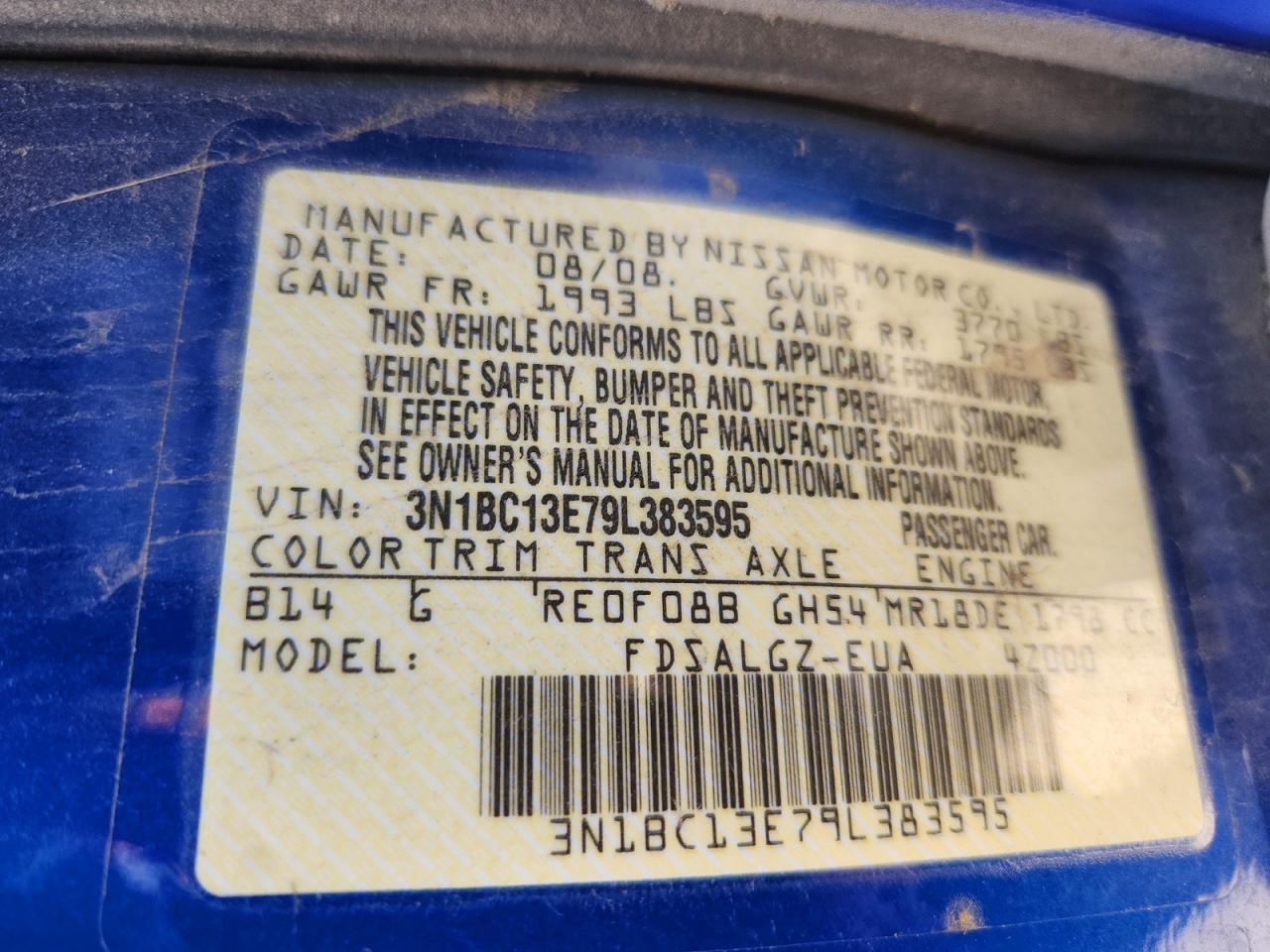 2009 Nissan Versa 1.8 S Blue vin: 3N1BC13E79L383595