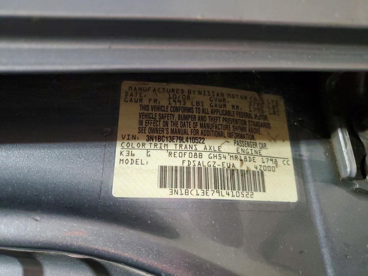 2009 Nissan Versa 1.8 S Silver vin: 3N1BC13E79L410522