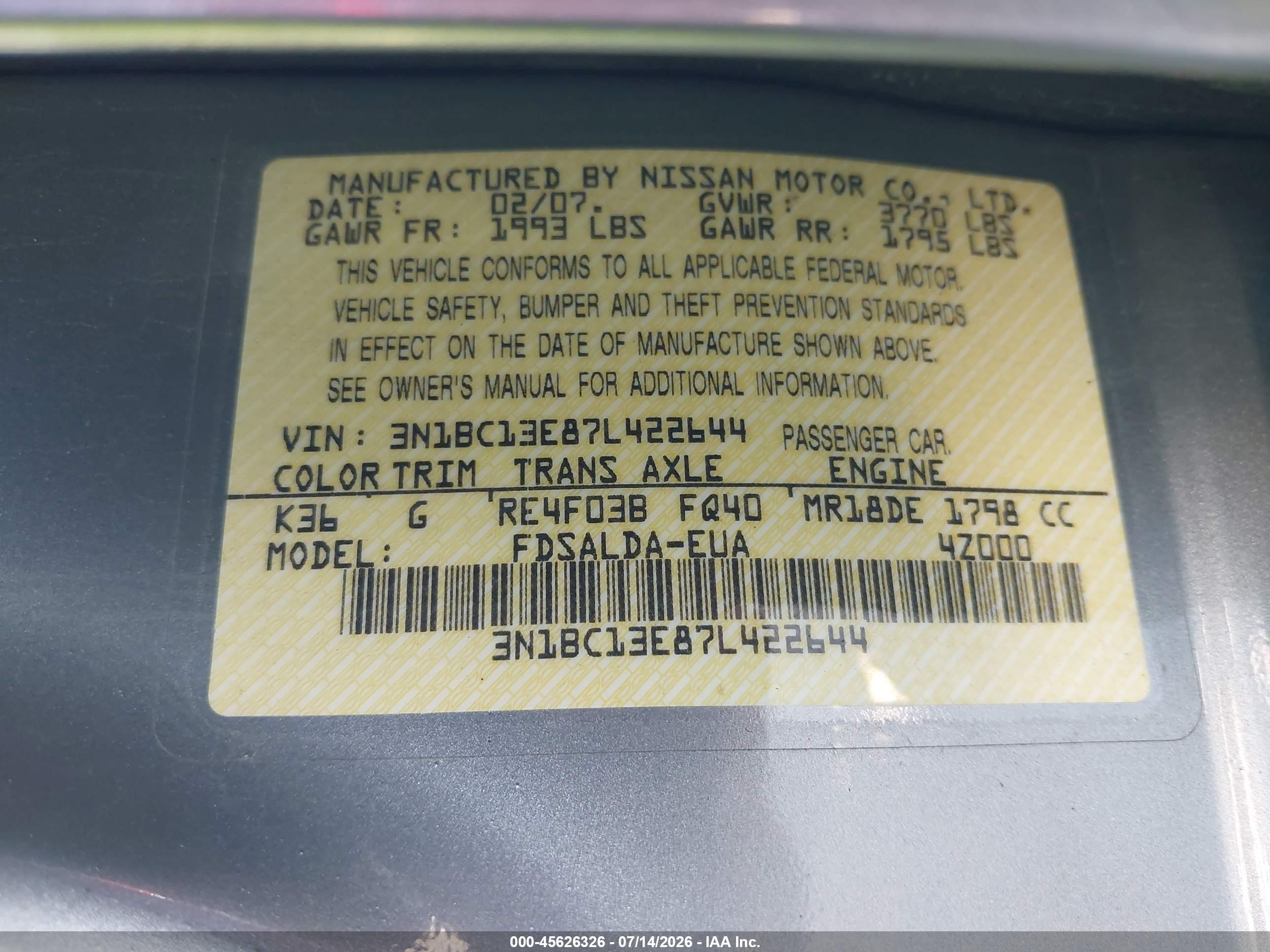 2007 Nissan Versa 1.8s Gray vin: 3N1BC13E87L422644