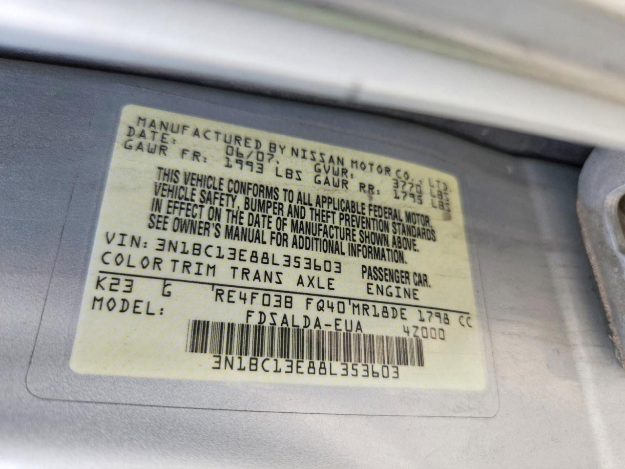 2008 Nissan Versa S/sl Серебряный vin: 3N1BC13E88L353603