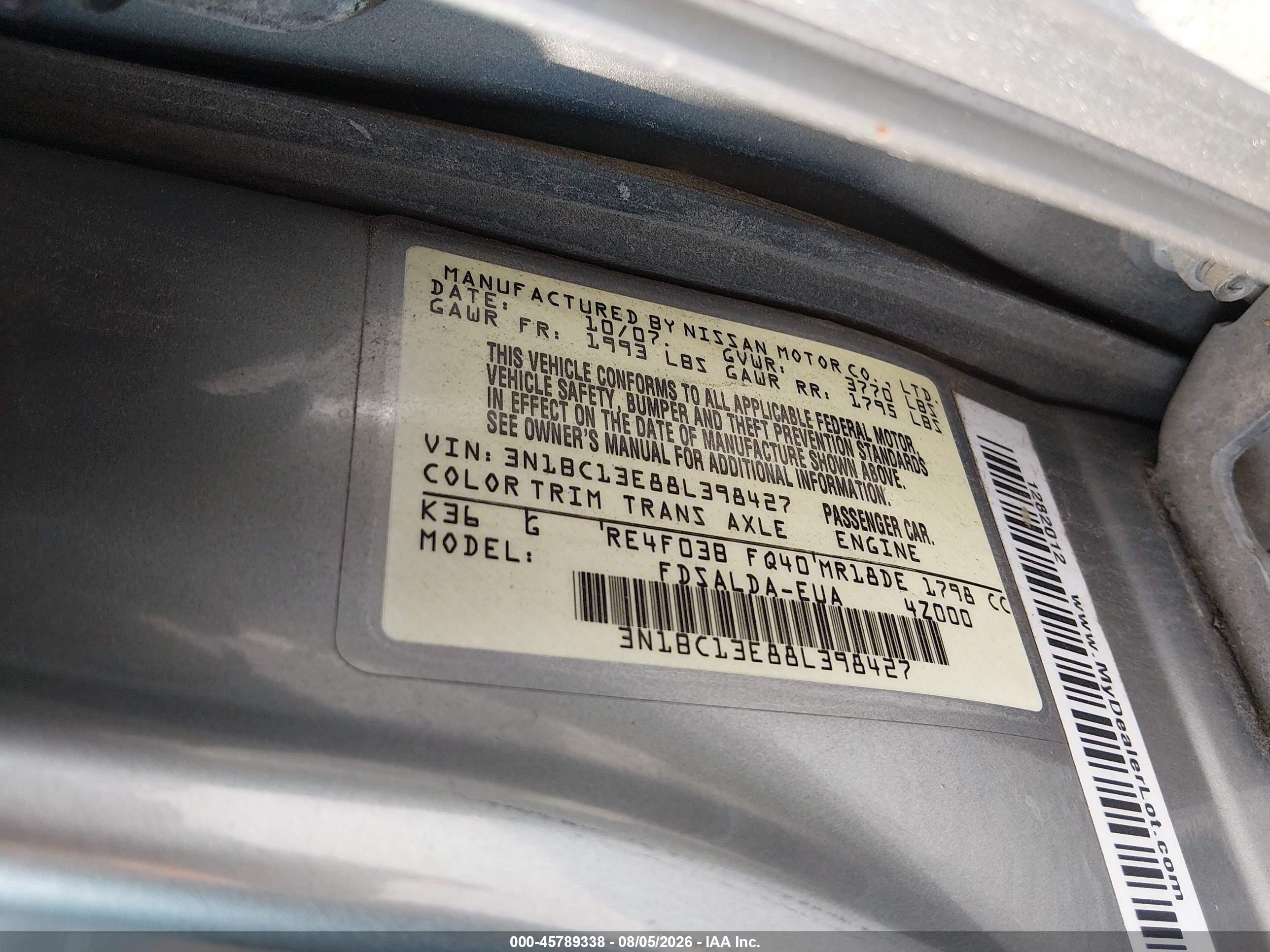 2008 Nissan Versa 1.8 S Silver vin: 3N1BC13E88L398427