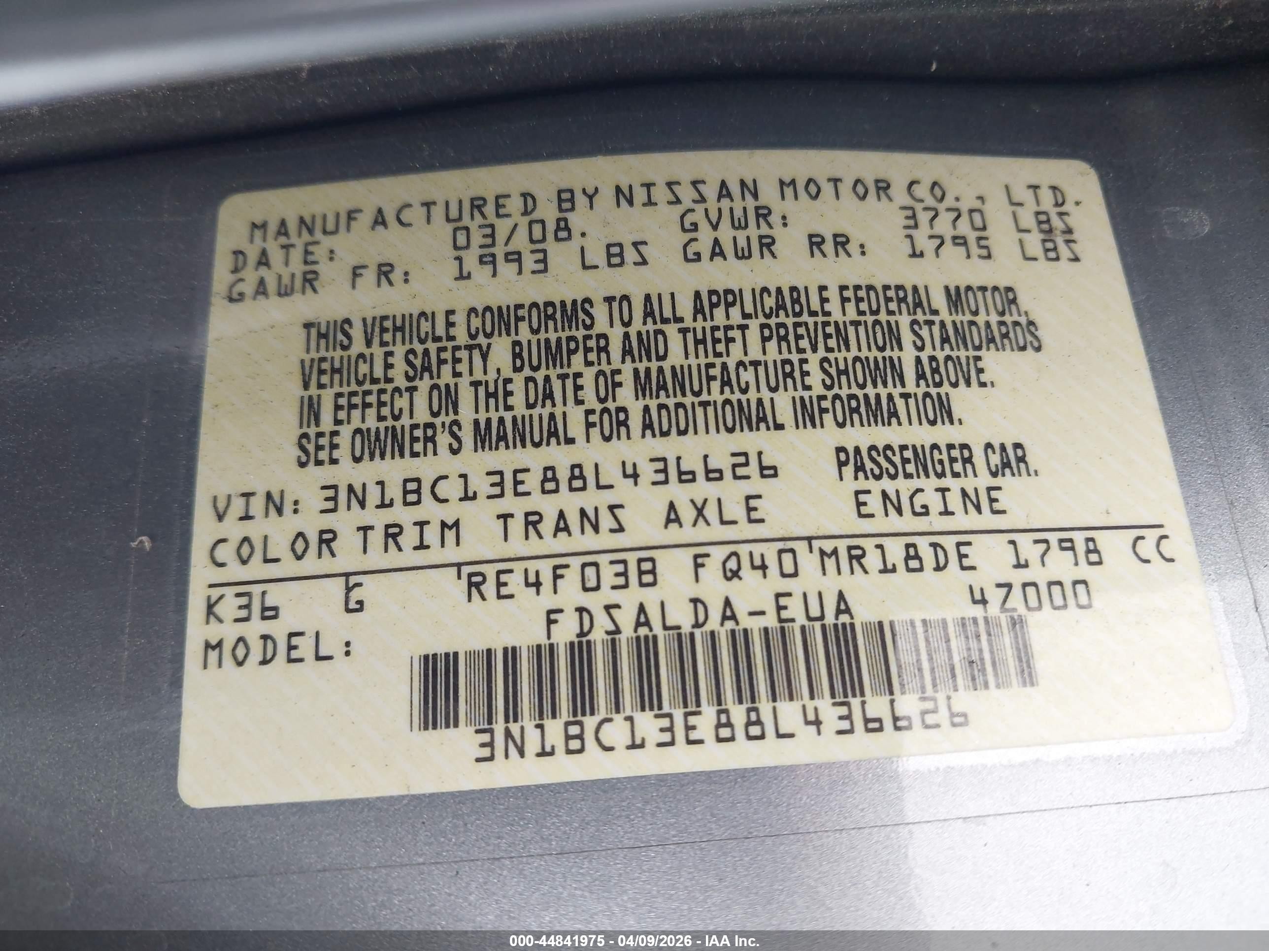 2008 Nissan Versa 1.8s Gray vin: 3N1BC13E88L436626