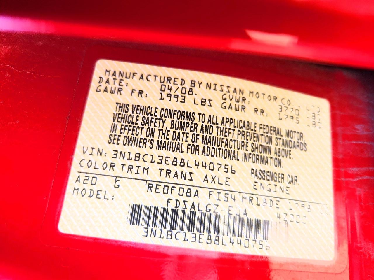 2008 Nissan Versa 1.8 S Red vin: 3N1BC13E88L440756