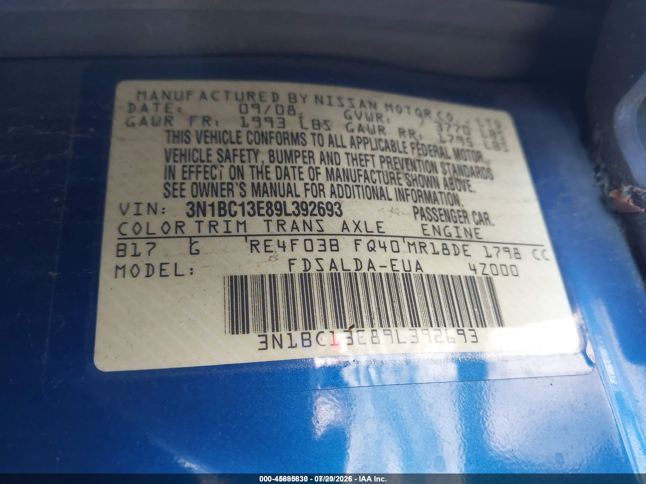 2009 Nissan Versa 1.8s Blue vin: 3N1BC13E89L392693