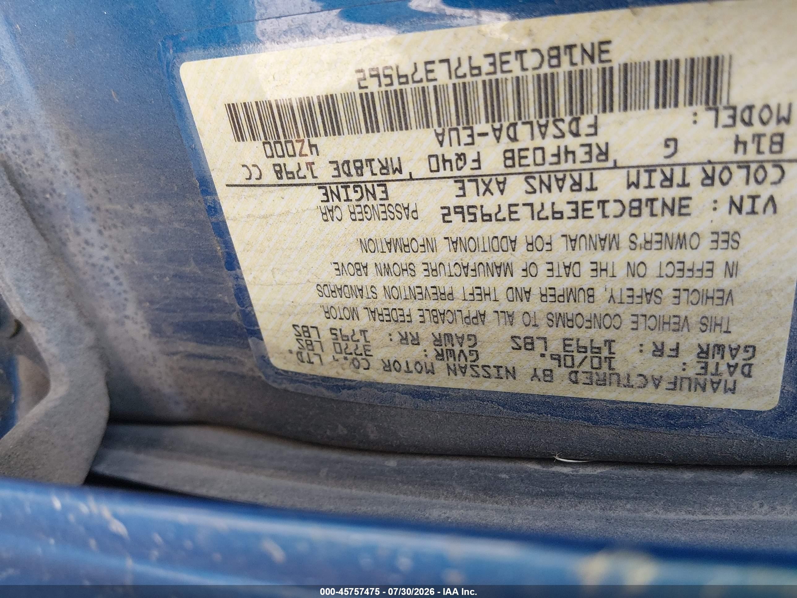 2007 Nissan Versa 1.8s Blue vin: 3N1BC13E97L379562