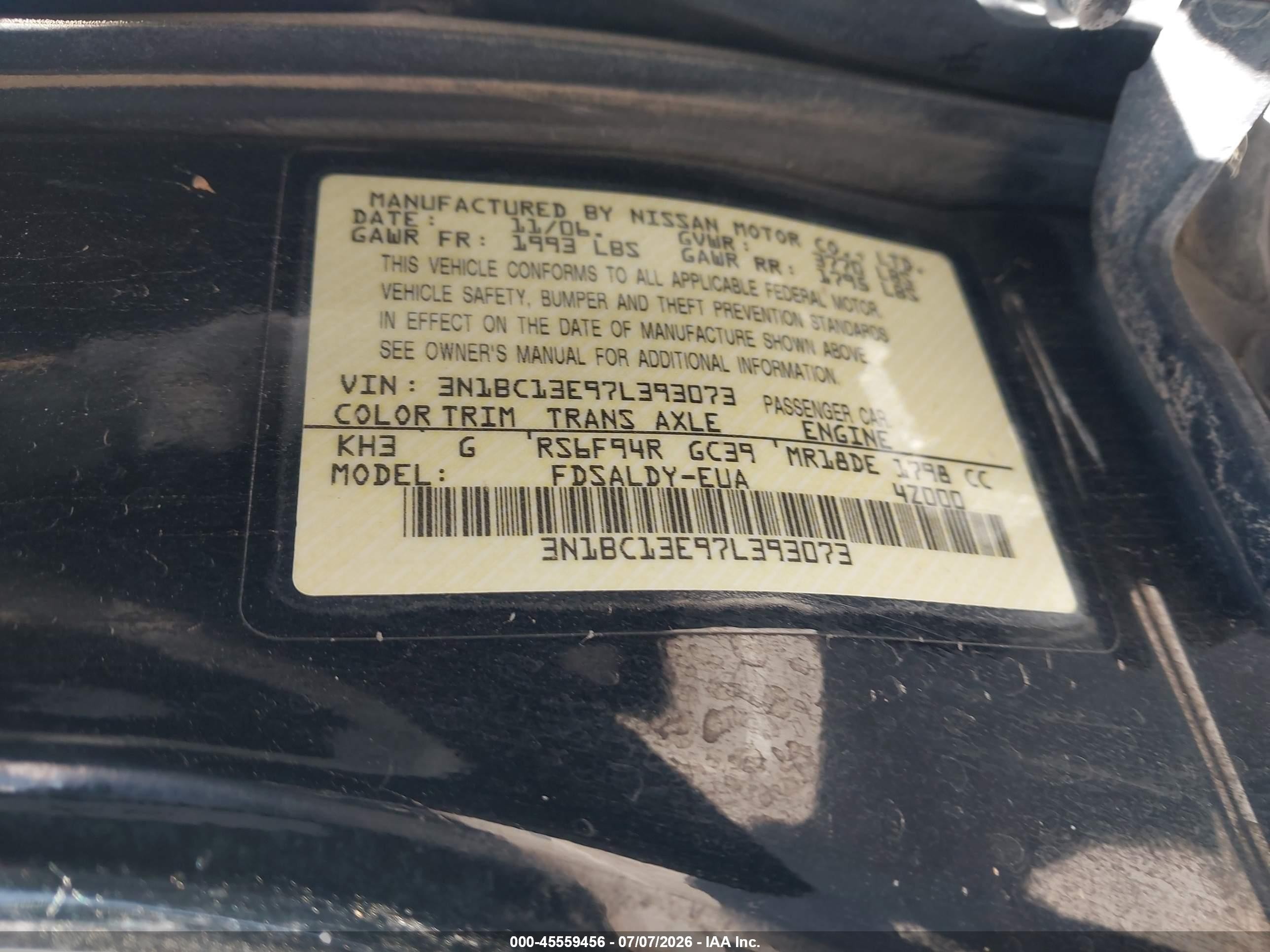 2007 Nissan Versa 1.8s Black vin: 3N1BC13E97L393073