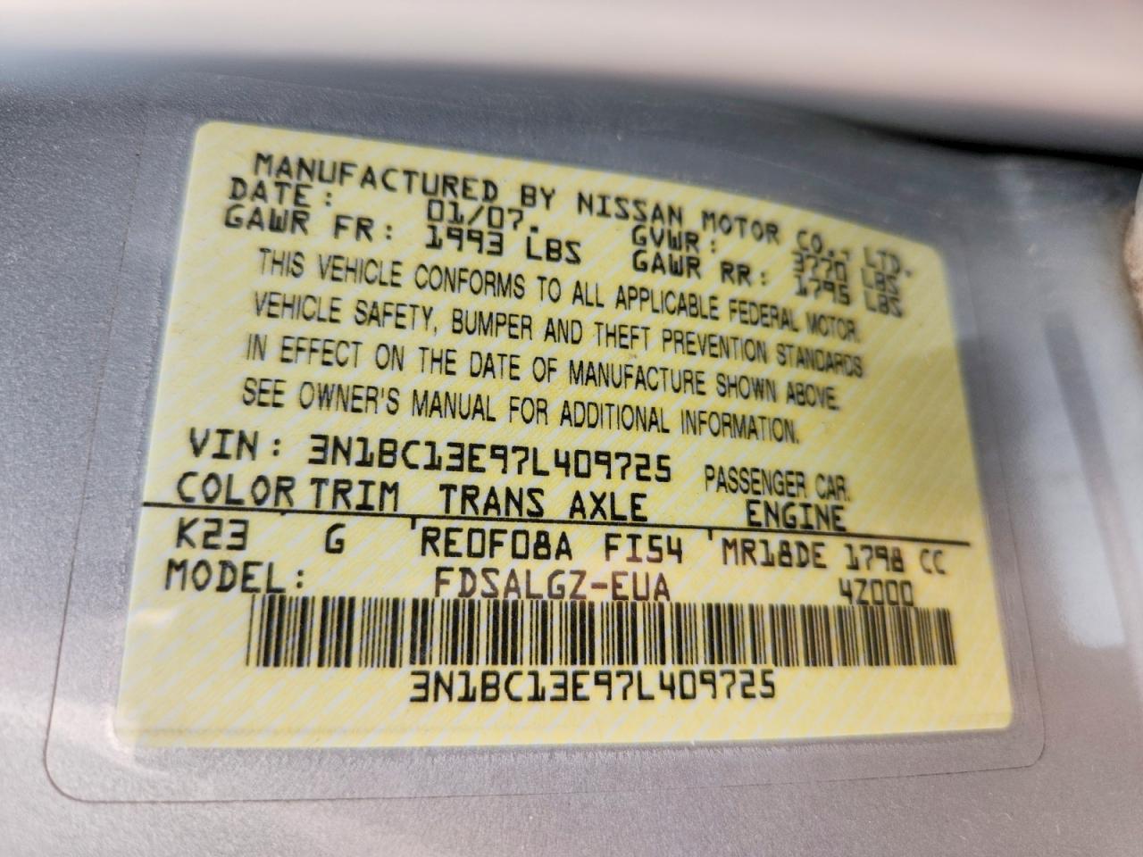 2007 Nissan Versa 1.8 S Silver vin: 3N1BC13E97L409725