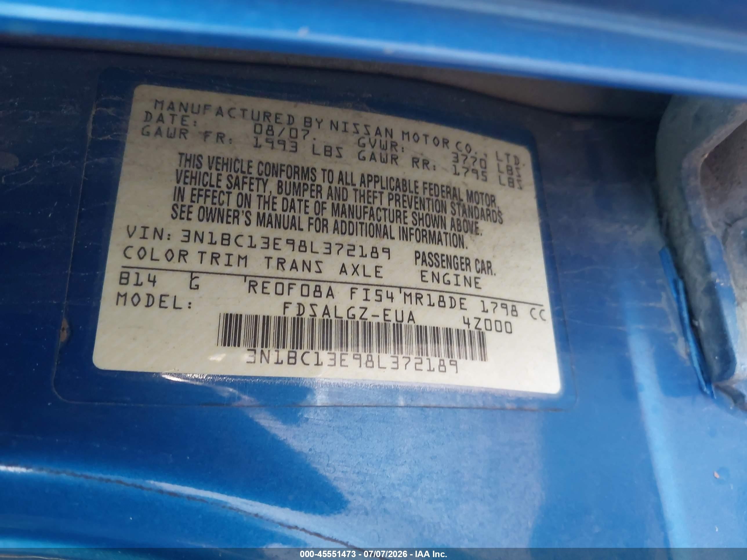 2008 Nissan Versa 1.8 Sl Blue vin: 3N1BC13E98L372189