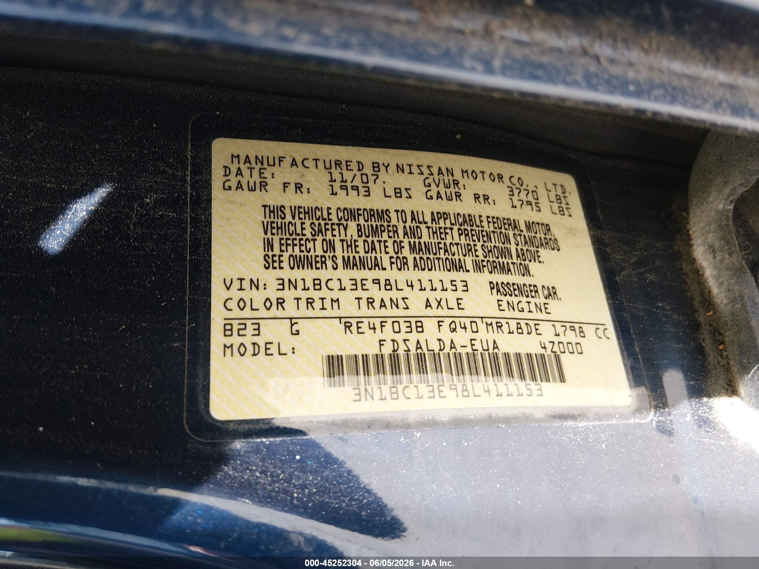 2008 Nissan Versa 1.8s Blue vin: 3N1BC13E98L411153