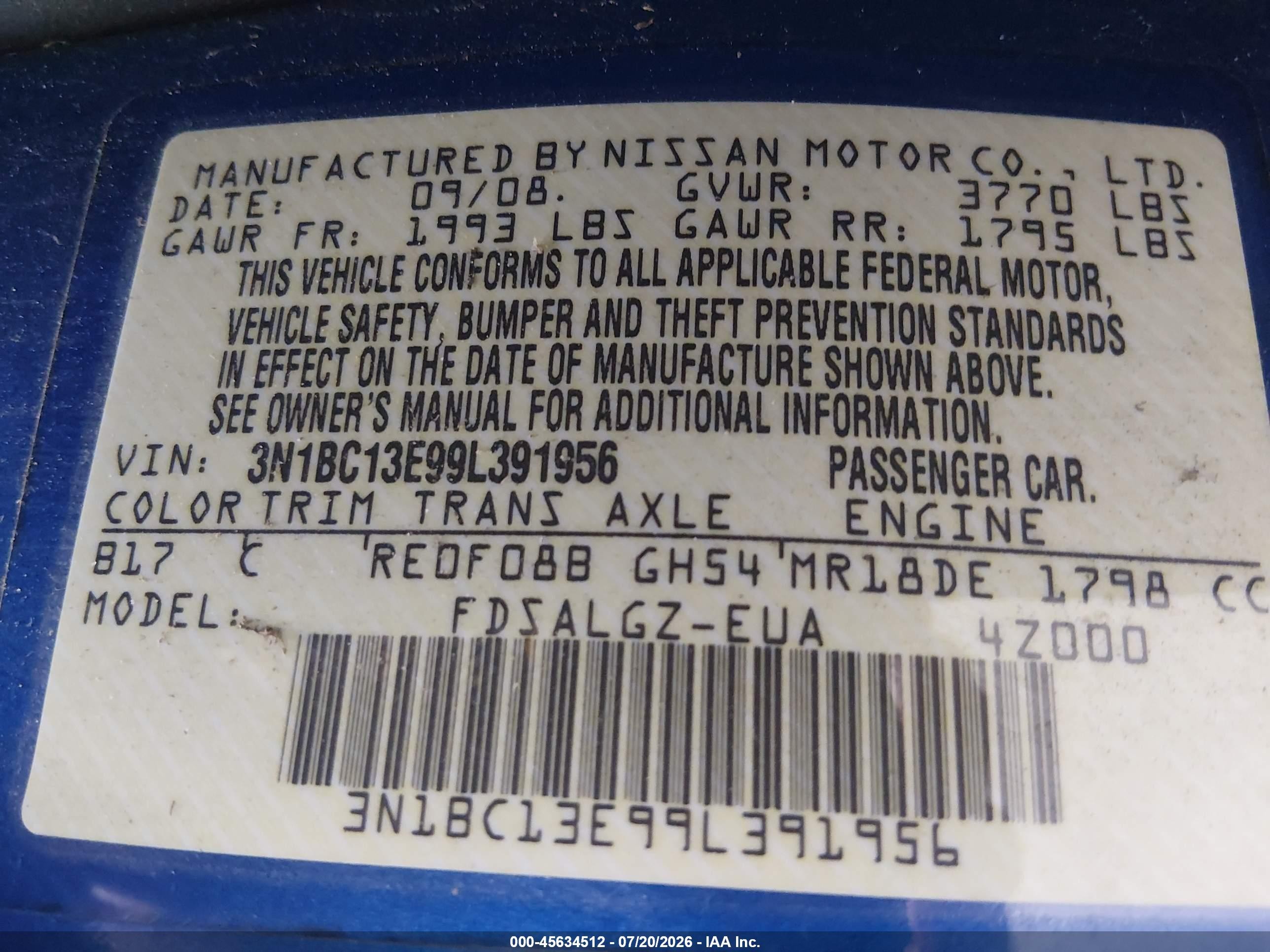 2009 Nissan Versa 1.8sl Blue vin: 3N1BC13E99L391956