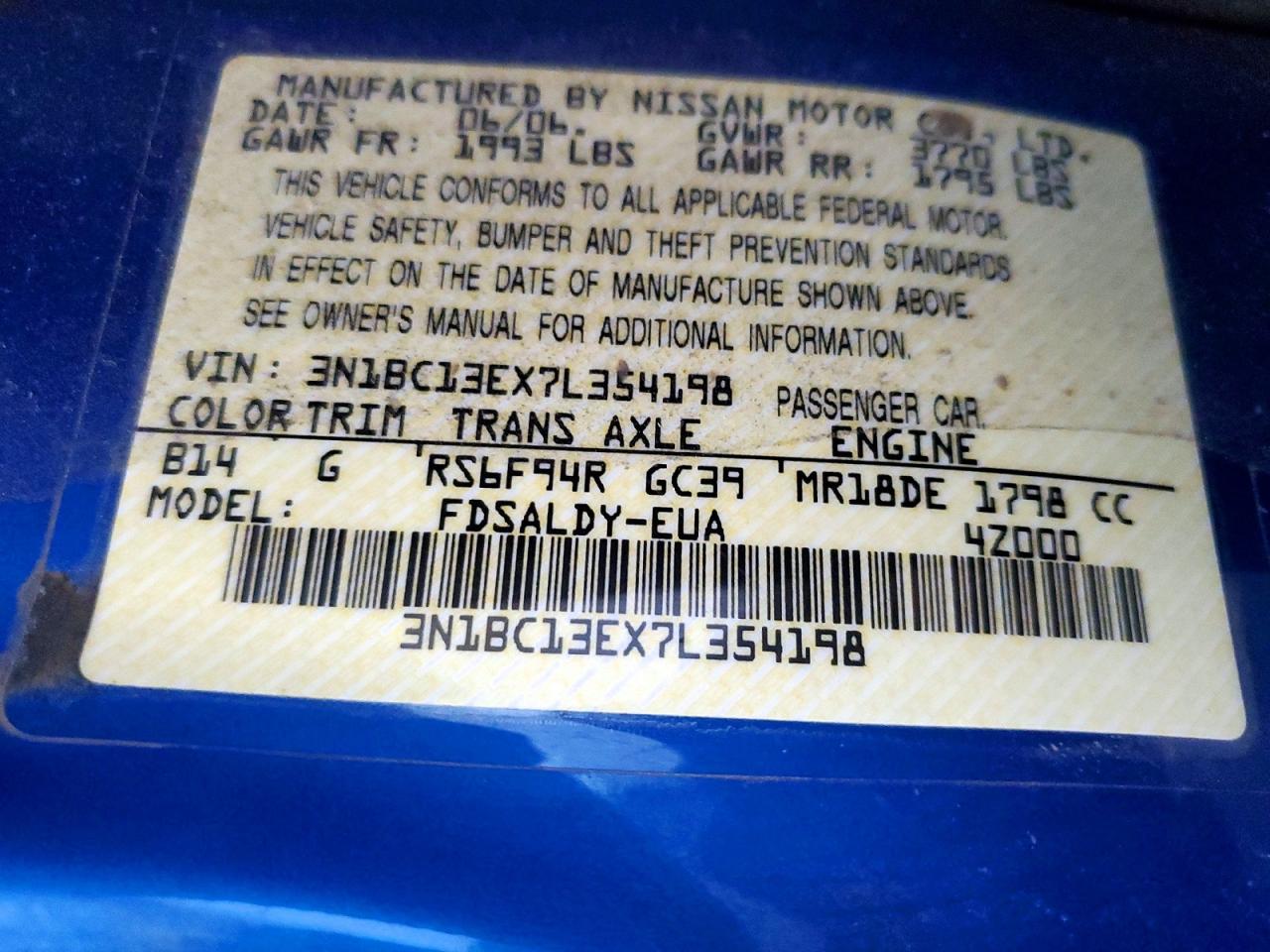 2007 Nissan Versa 1.8 S Blue vin: 3N1BC13EX7L354198