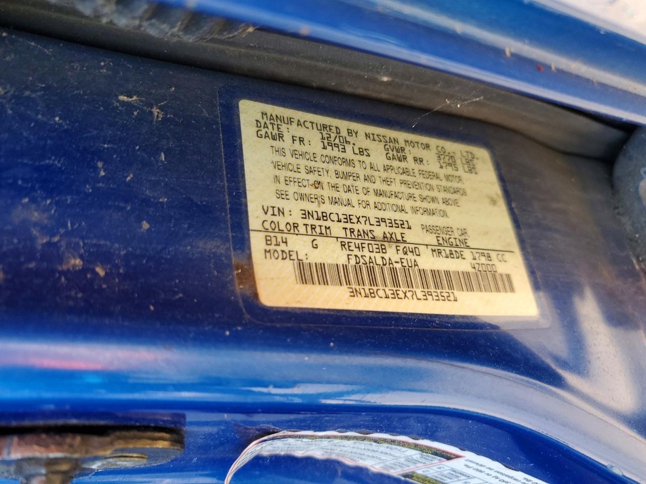 2007 Nissan Versa S/sl Blue vin: 3N1BC13EX7L393521