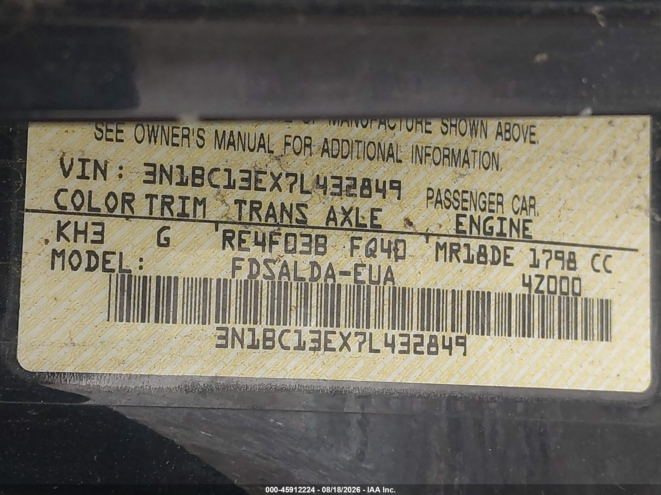 2007 Nissan Versa 1.8s Черный vin: 3N1BC13EX7L432849