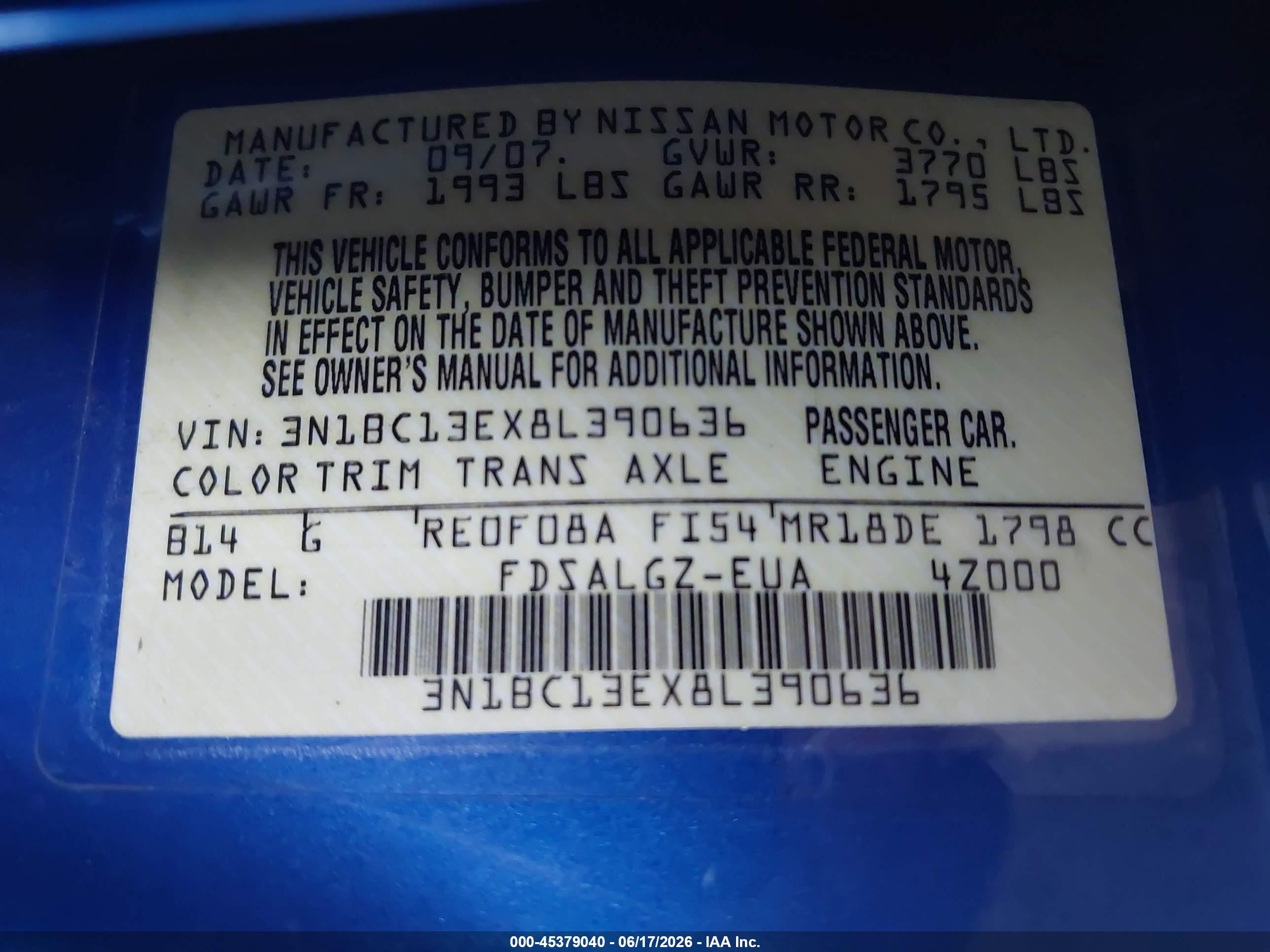 2008 Nissan Versa 1.8 Sl Blue vin: 3N1BC13EX8L390636