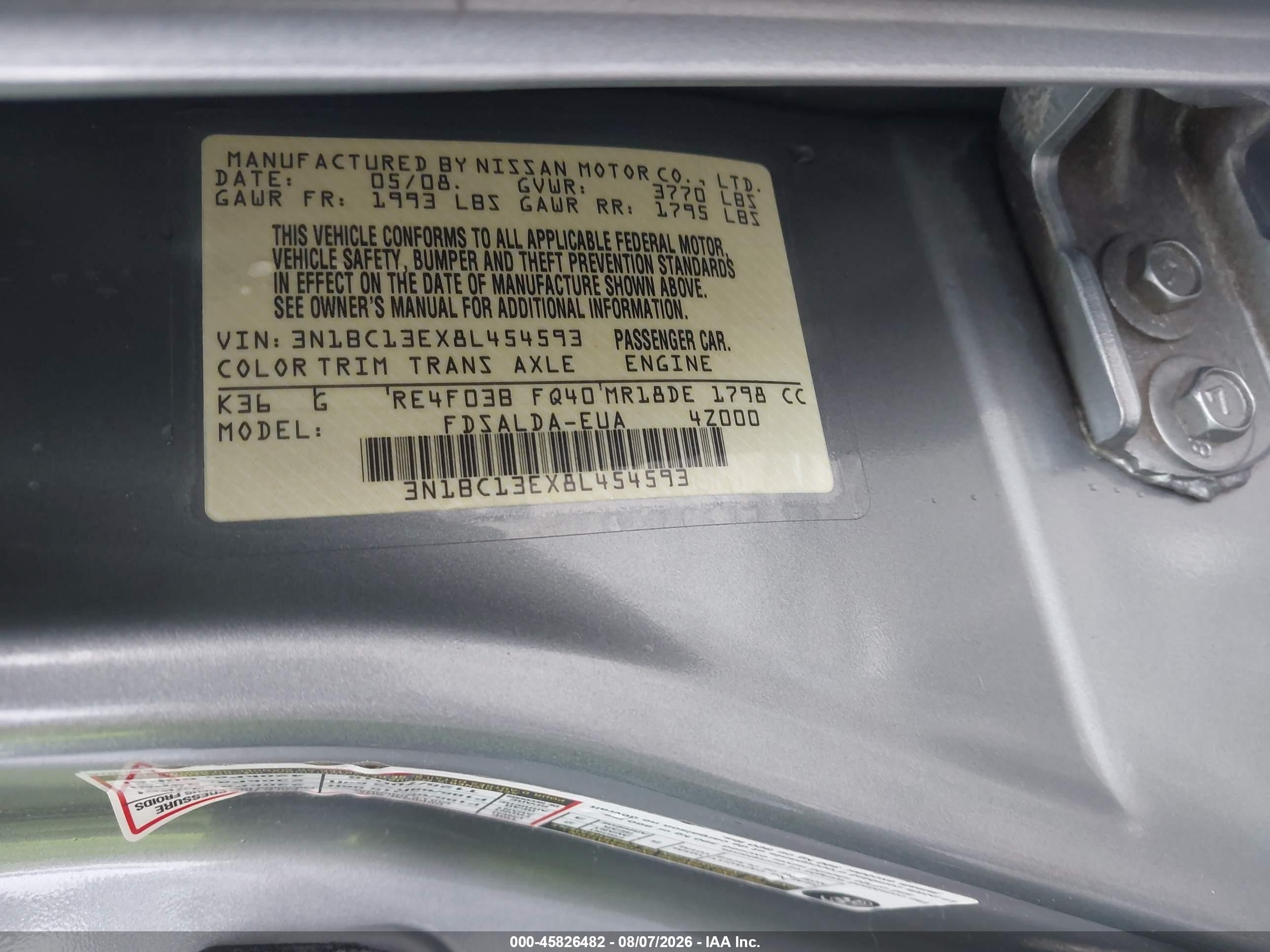 2008 Nissan Versa 1.8 S Серый vin: 3N1BC13EX8L454593