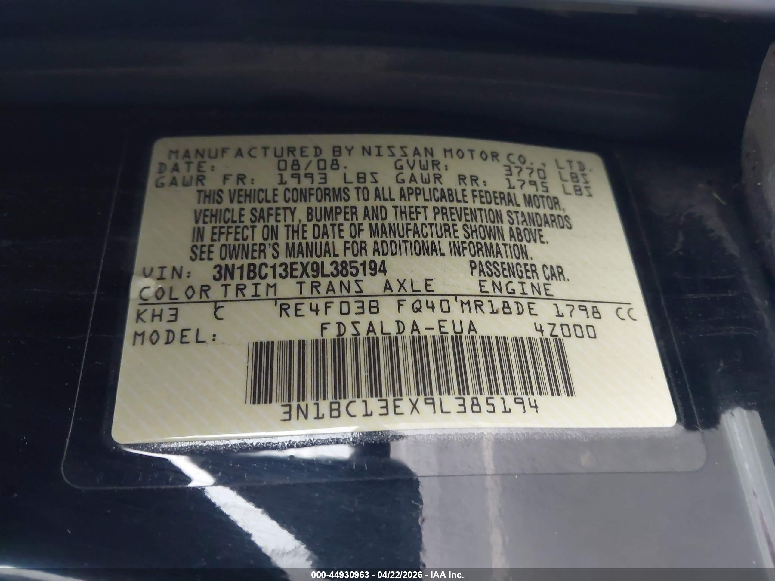 2009 Nissan Versa 1.8s Черный vin: 3N1BC13EX9L385194