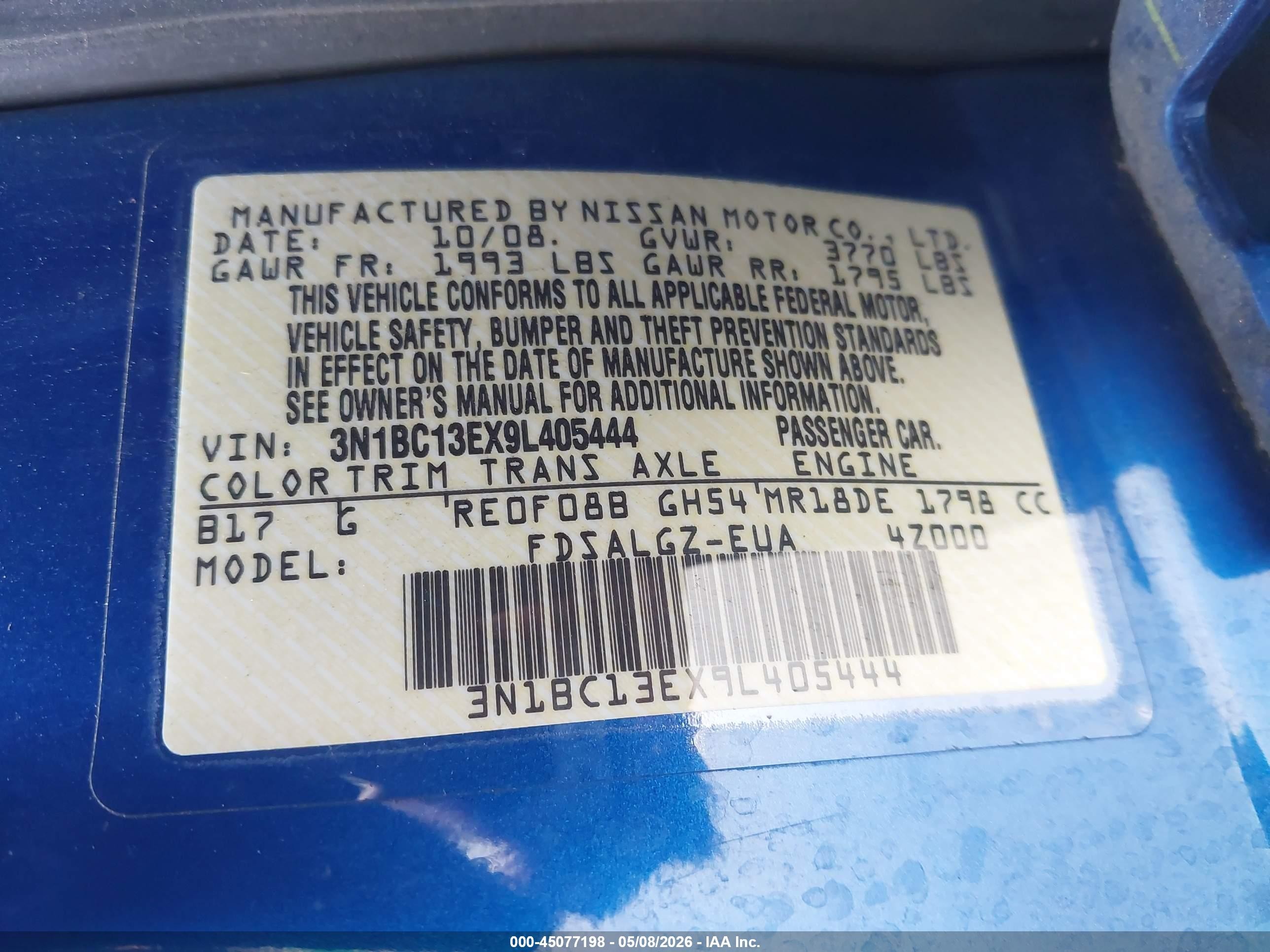 2009 Nissan Versa 1.8sl Blue vin: 3N1BC13EX9L405444