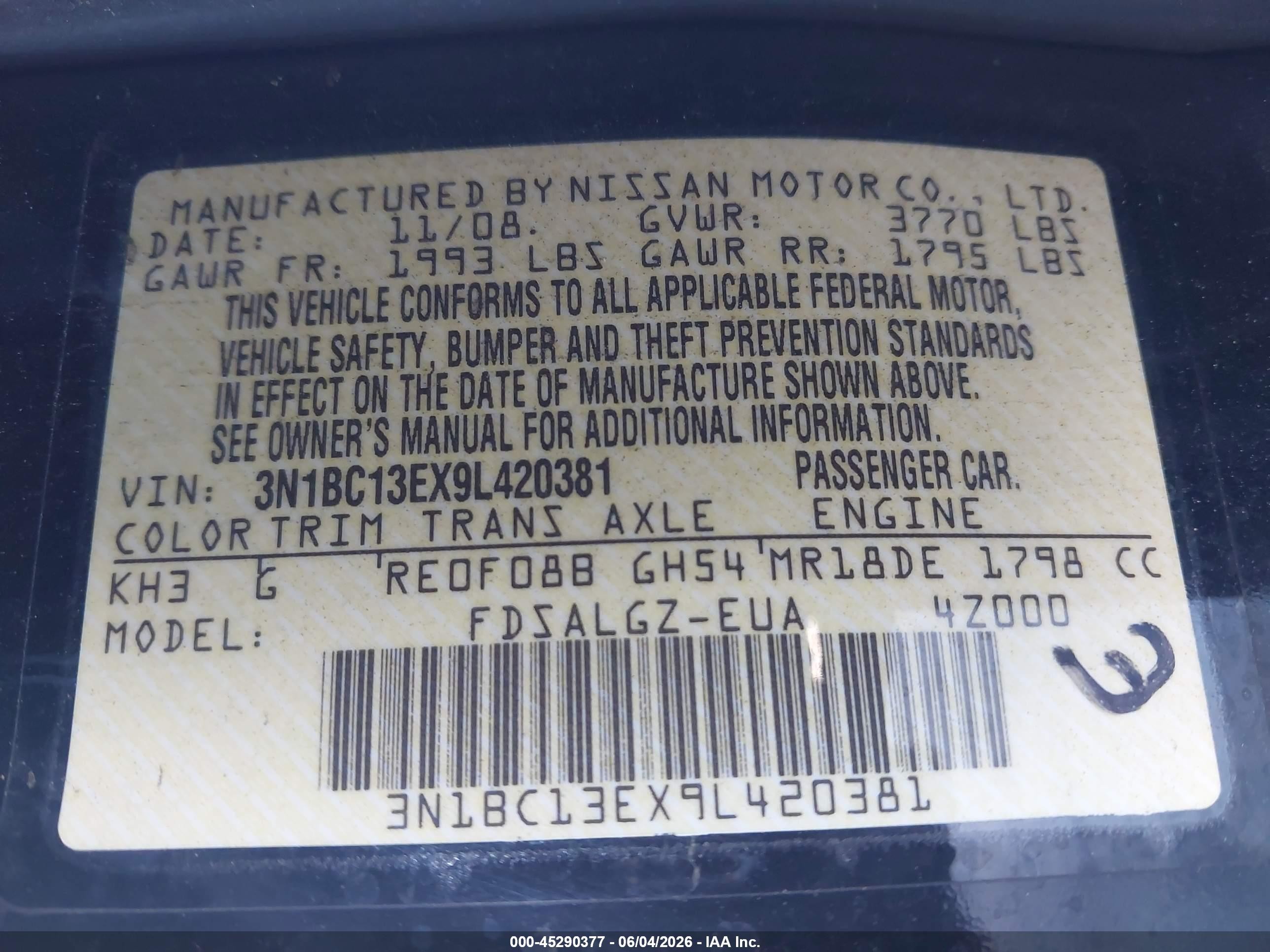 2009 Nissan Versa 1.8sl Black vin: 3N1BC13EX9L420381
