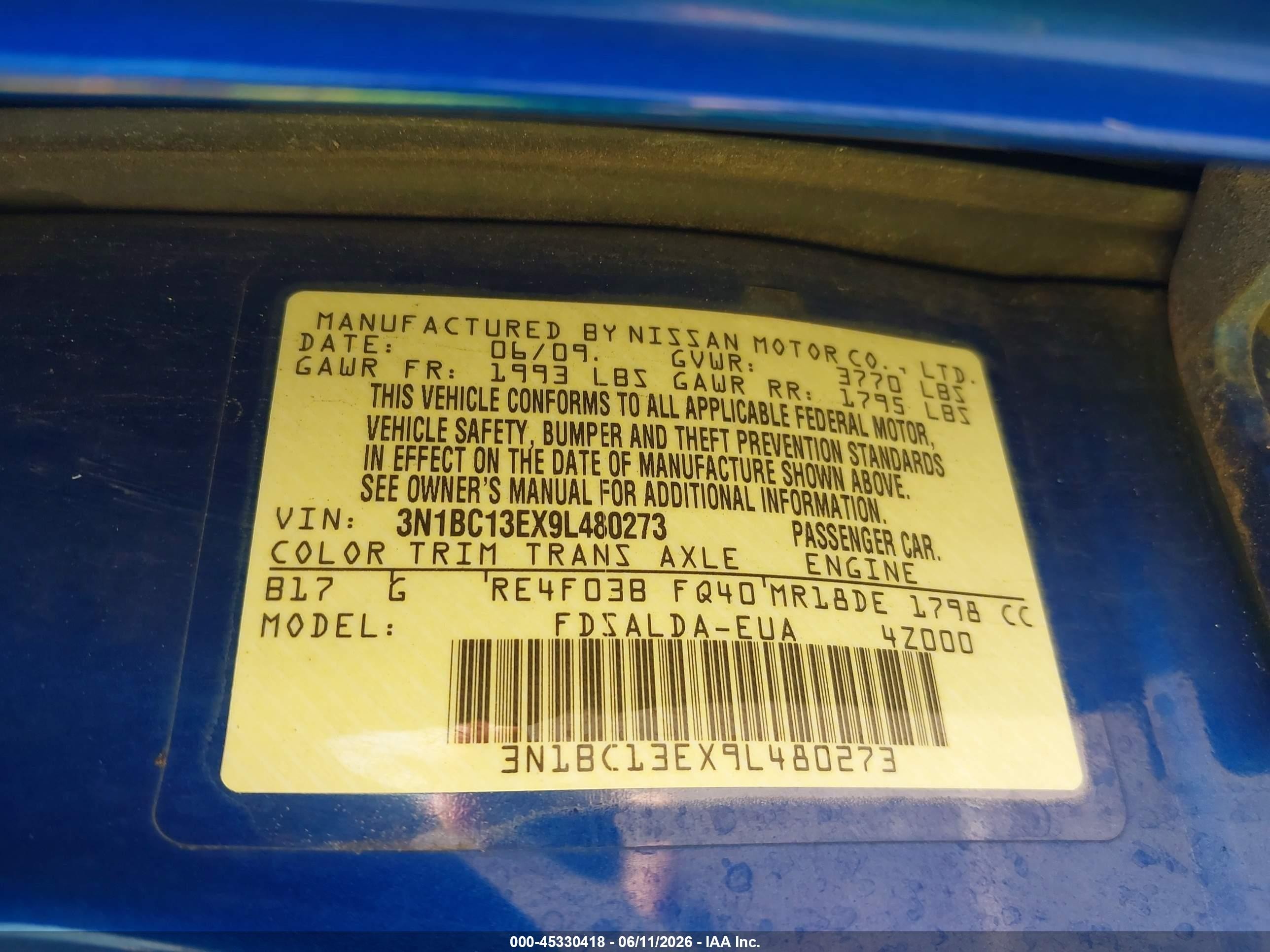 2009 Nissan Versa 1.8s Blue vin: 3N1BC13EX9L480273