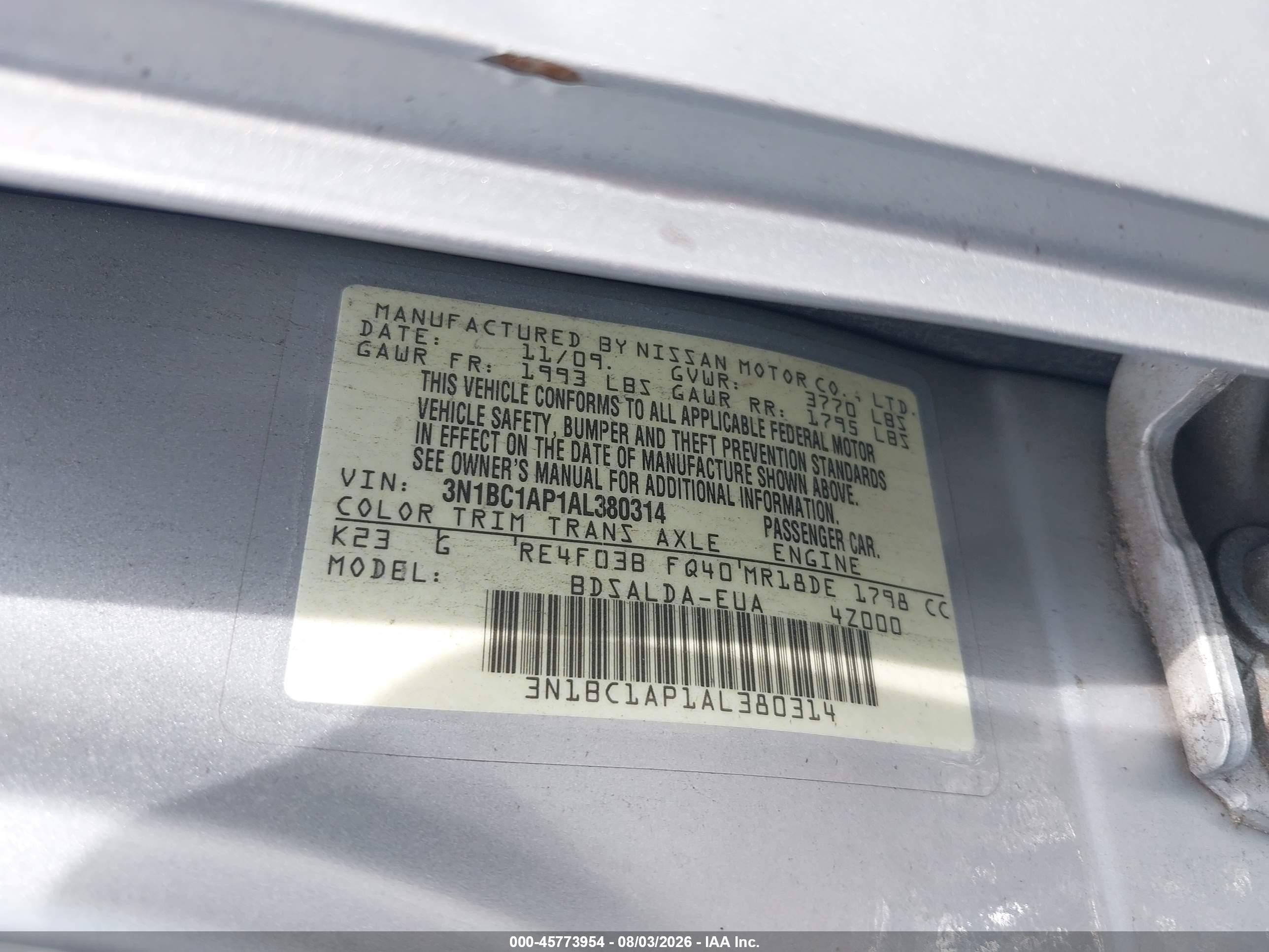 2010 Nissan Versa 1.8s Серебряный vin: 3N1BC1AP1AL380314
