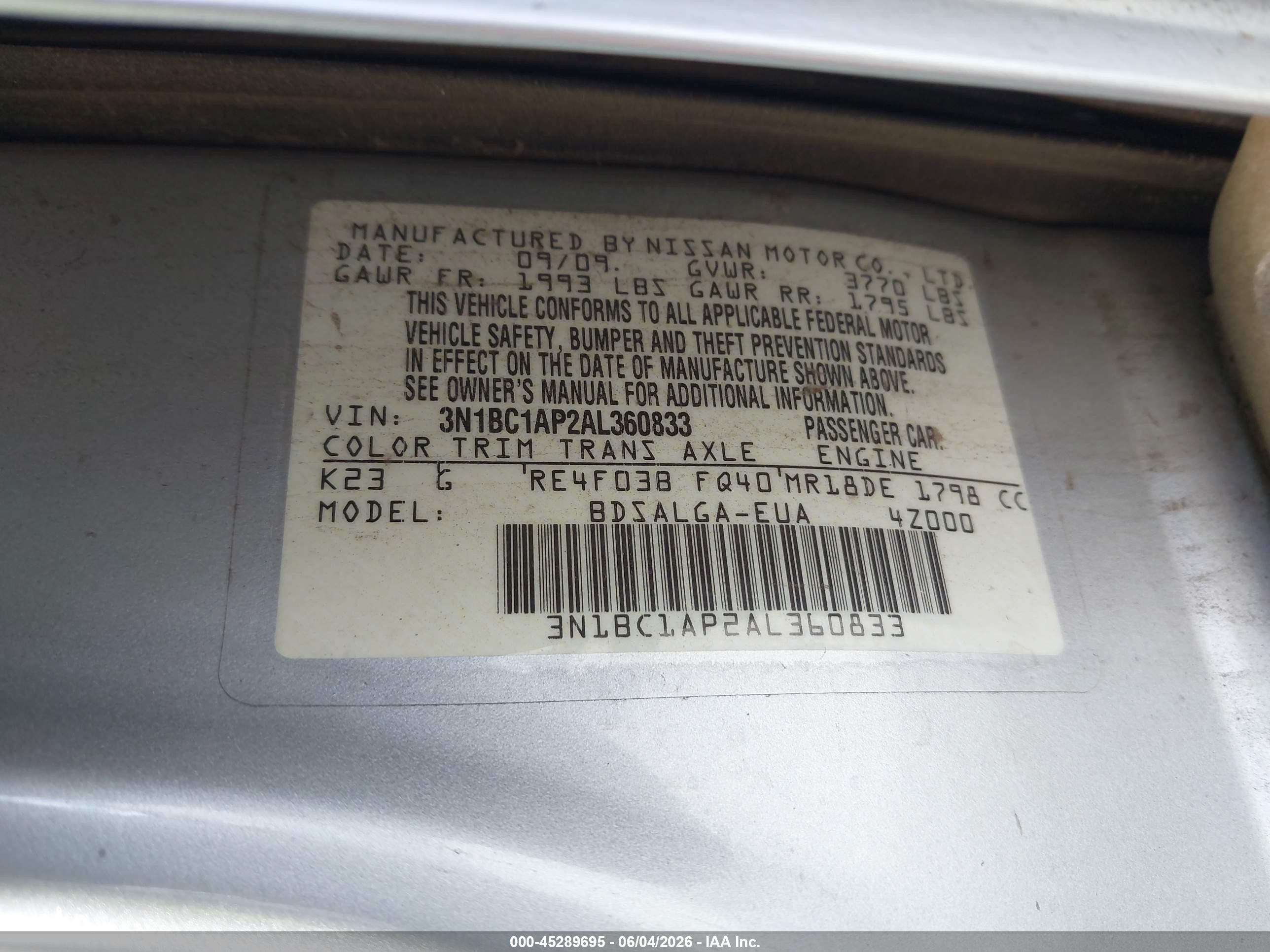 2010 Nissan Versa 1.8sl Silver vin: 3N1BC1AP2AL360833
