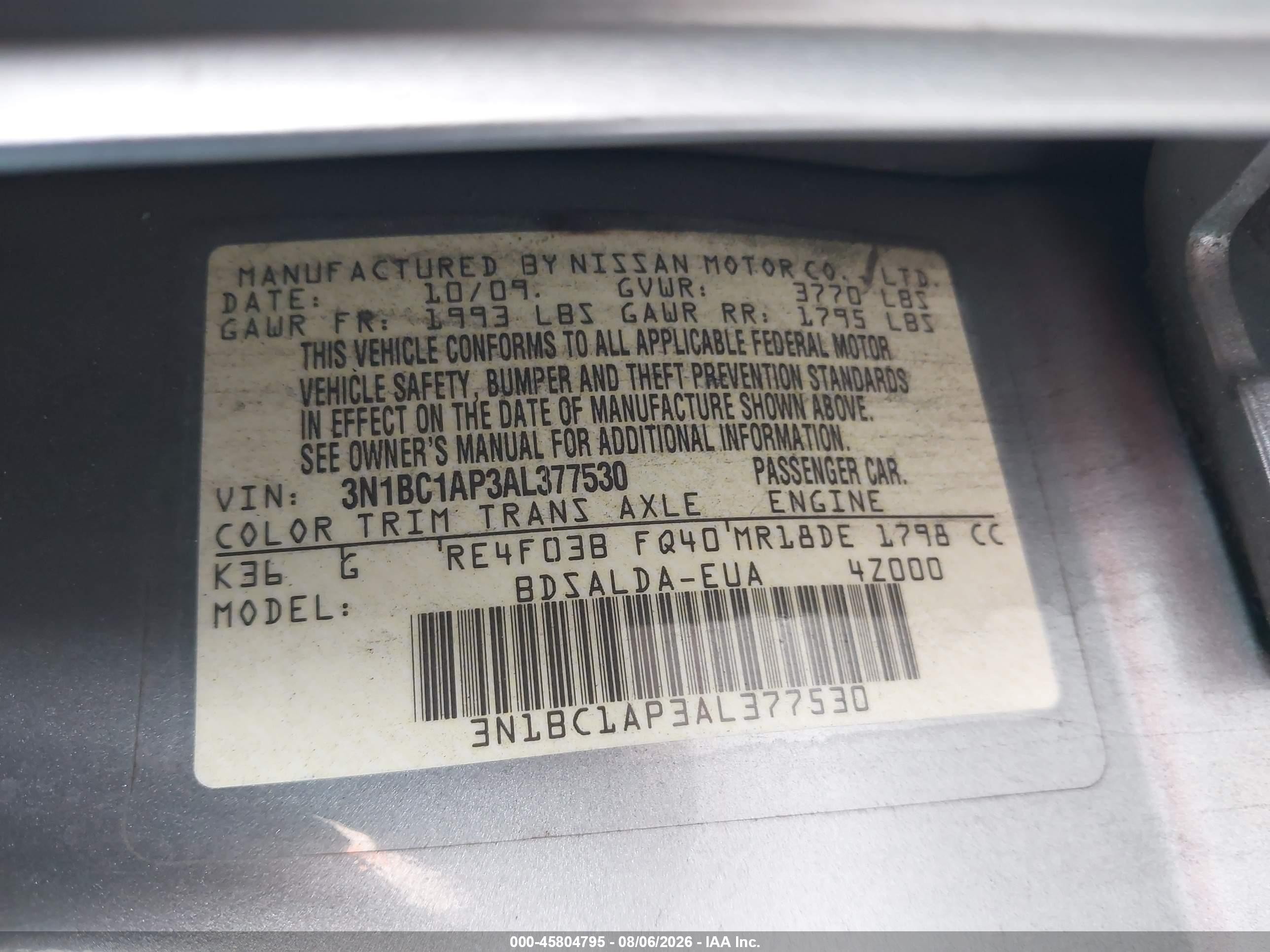 2010 Nissan Versa 1.8s Silver vin: 3N1BC1AP3AL377530