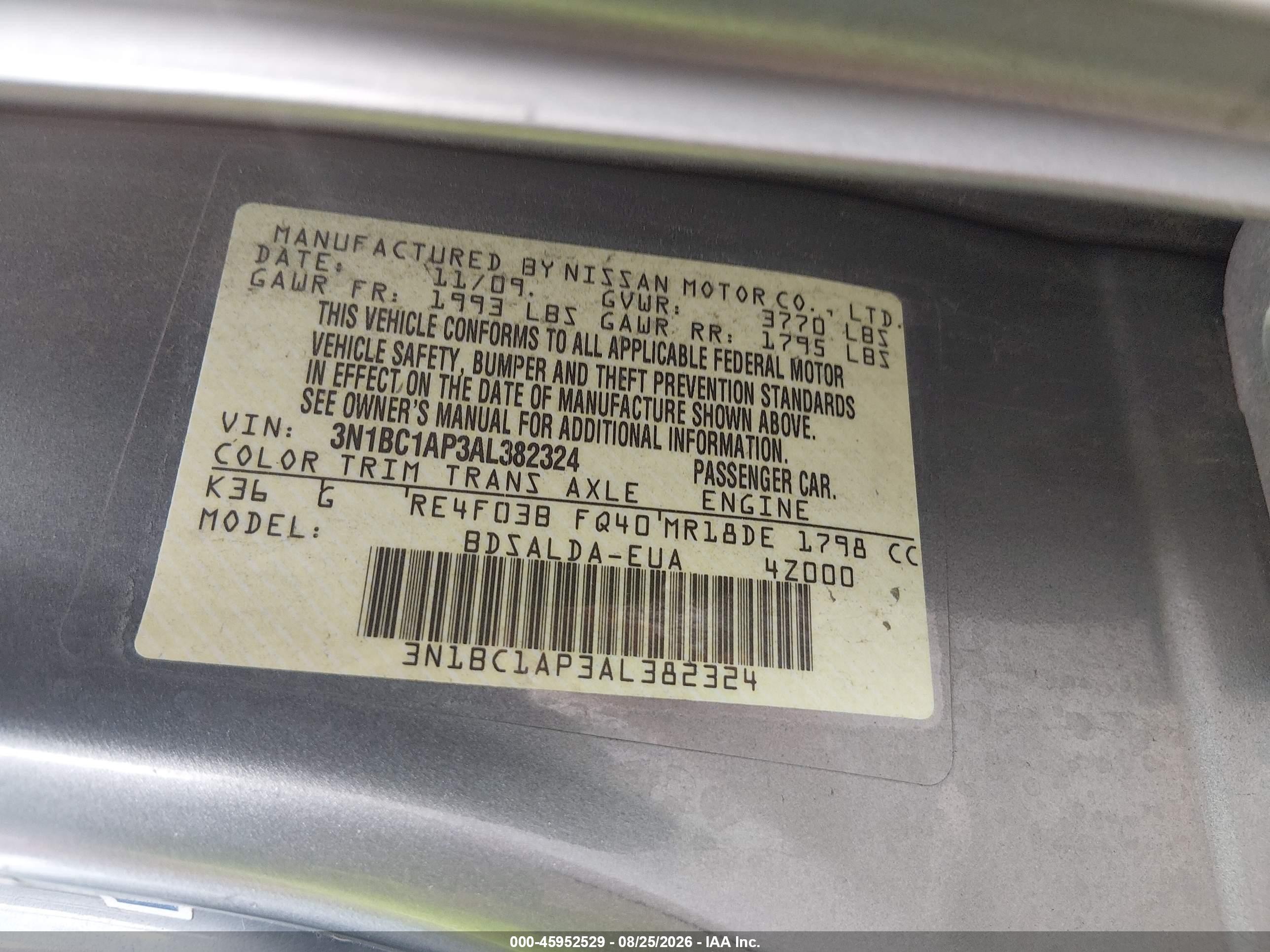 2010 Nissan Versa 1.8s Серый vin: 3N1BC1AP3AL382324