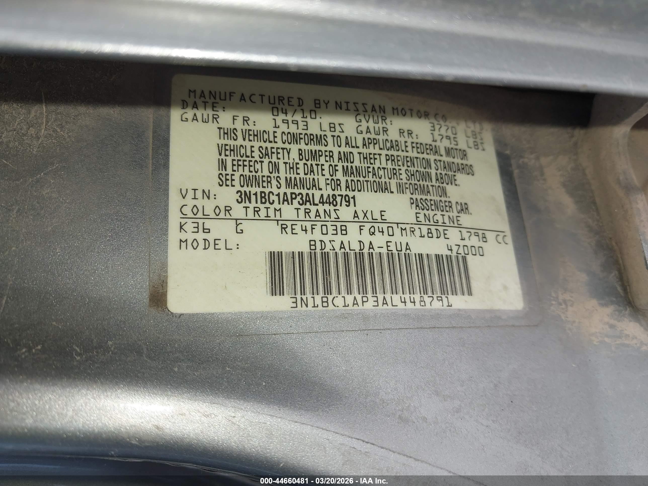 2010 Nissan Versa 1.8s Gray vin: 3N1BC1AP3AL448791