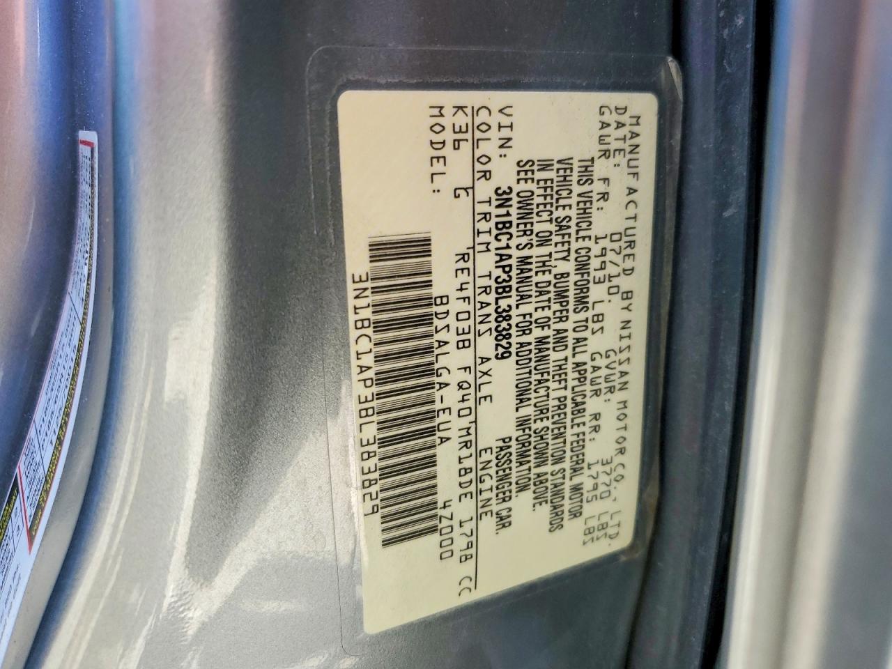 2011 Nissan Versa 1.8 S Gray vin: 3N1BC1AP3BL383829