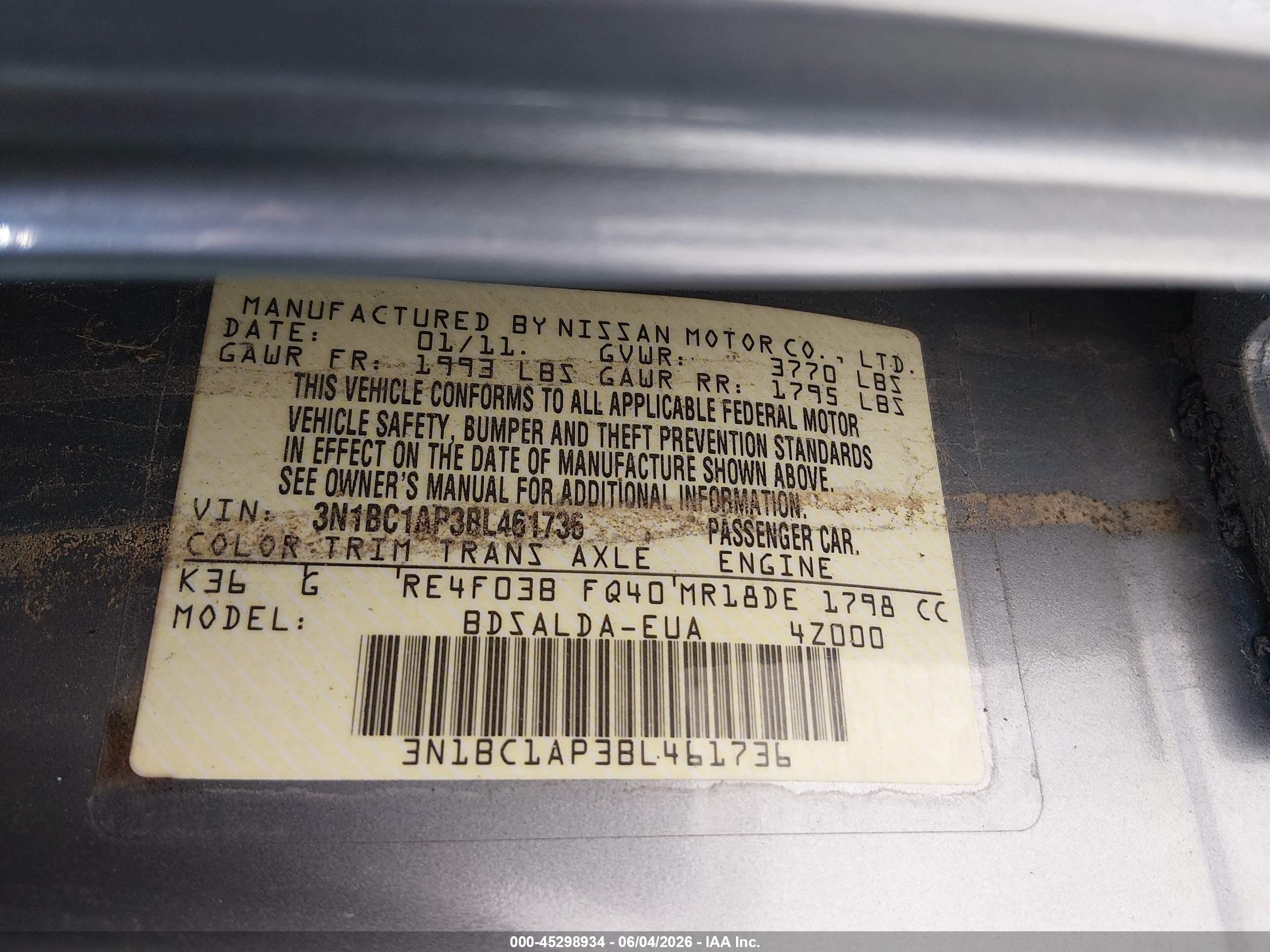 2011 Nissan Versa 1.8s Gray vin: 3N1BC1AP3BL461736