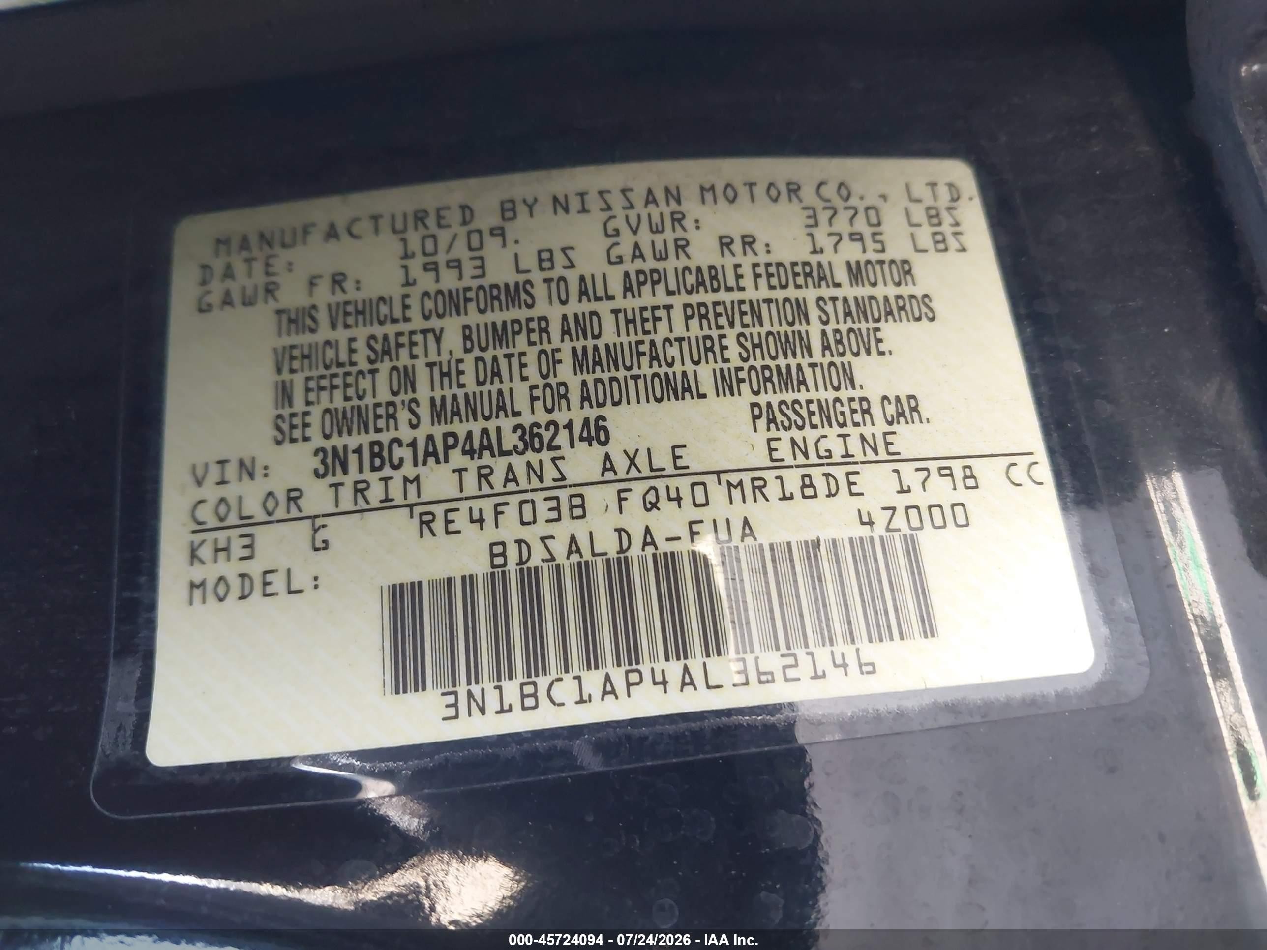 2010 Nissan Versa 1.8s Black vin: 3N1BC1AP4AL362146