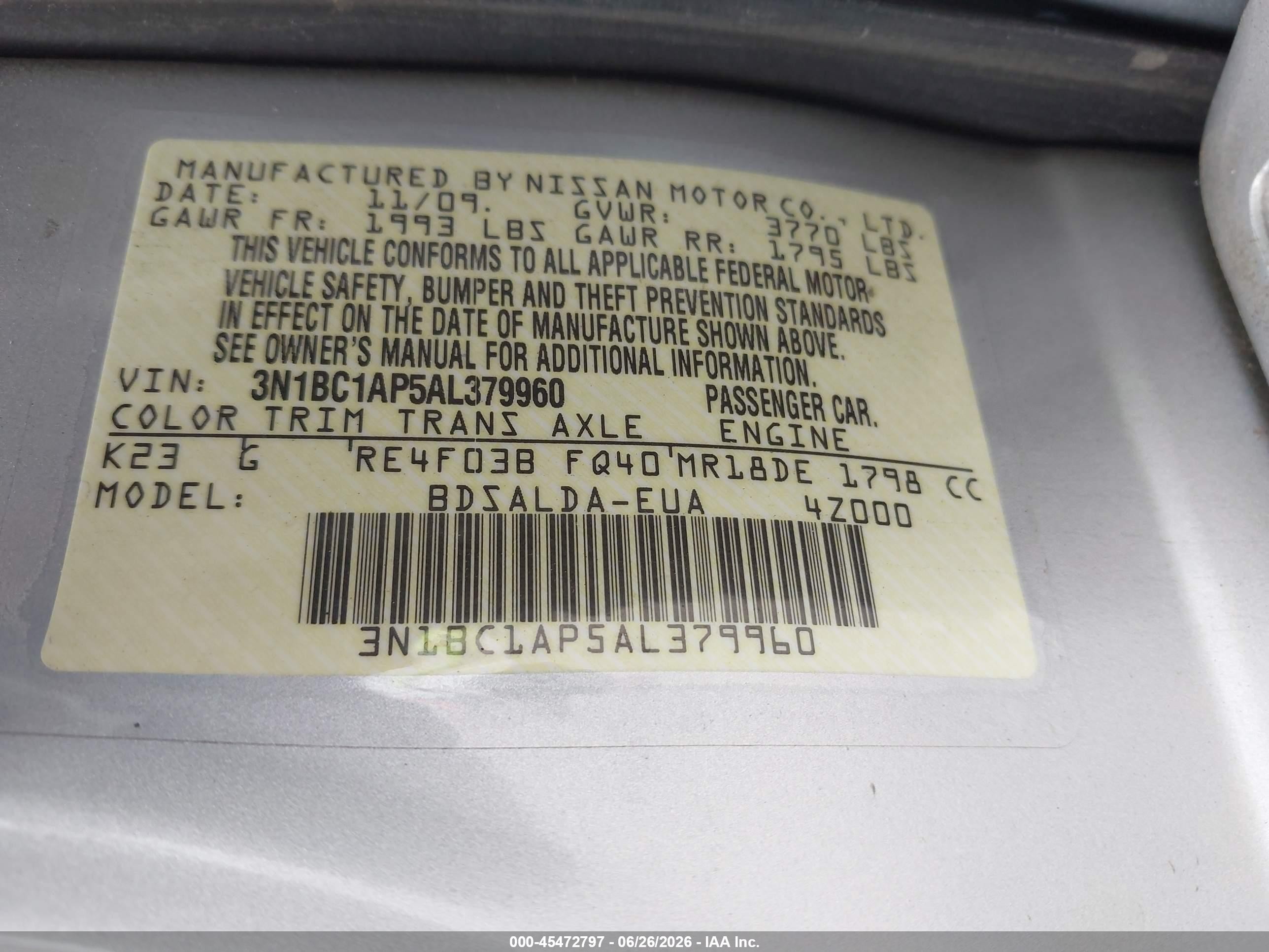 2010 Nissan Versa 1.8s Silver vin: 3N1BC1AP5AL379960