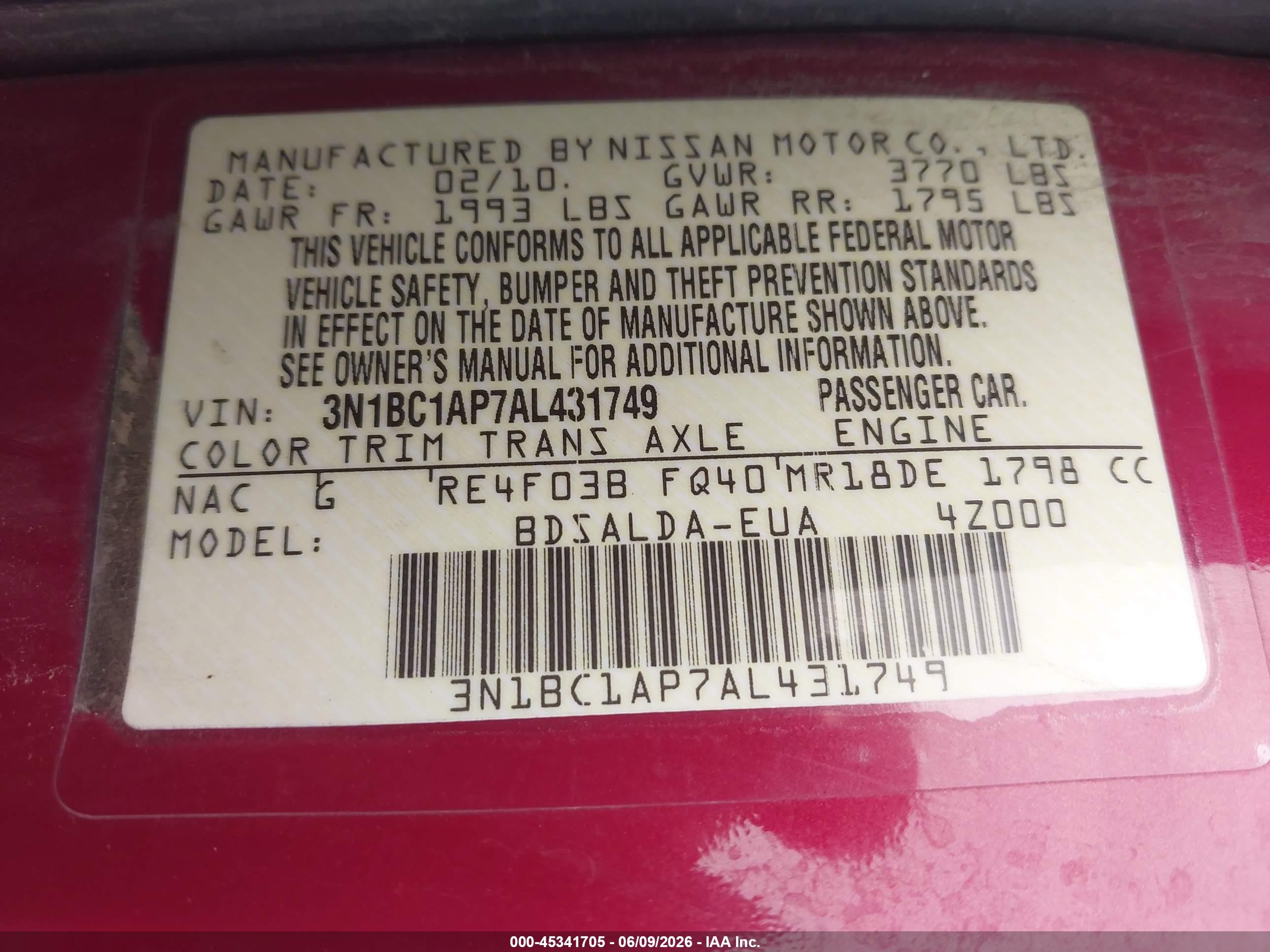 2010 Nissan Versa 1.8s Burgundy vin: 3N1BC1AP7AL431749
